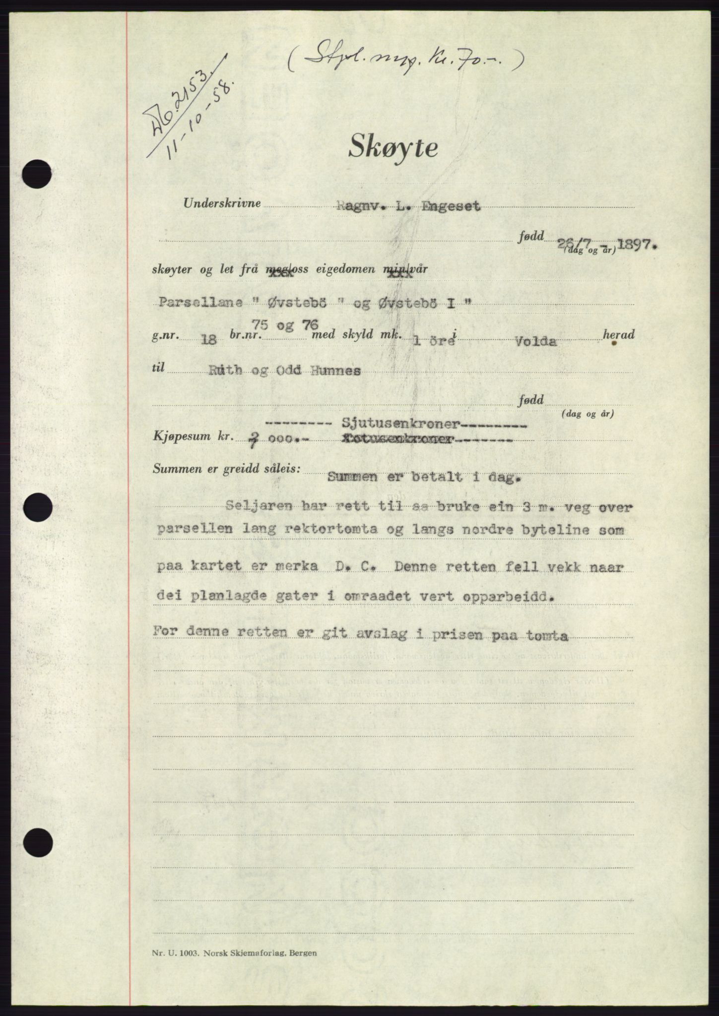 Søre Sunnmøre sorenskriveri, AV/SAT-A-4122/1/2/2C/L0110: Mortgage book no. 36A, 1958-1958, Diary no: : 2153/1958