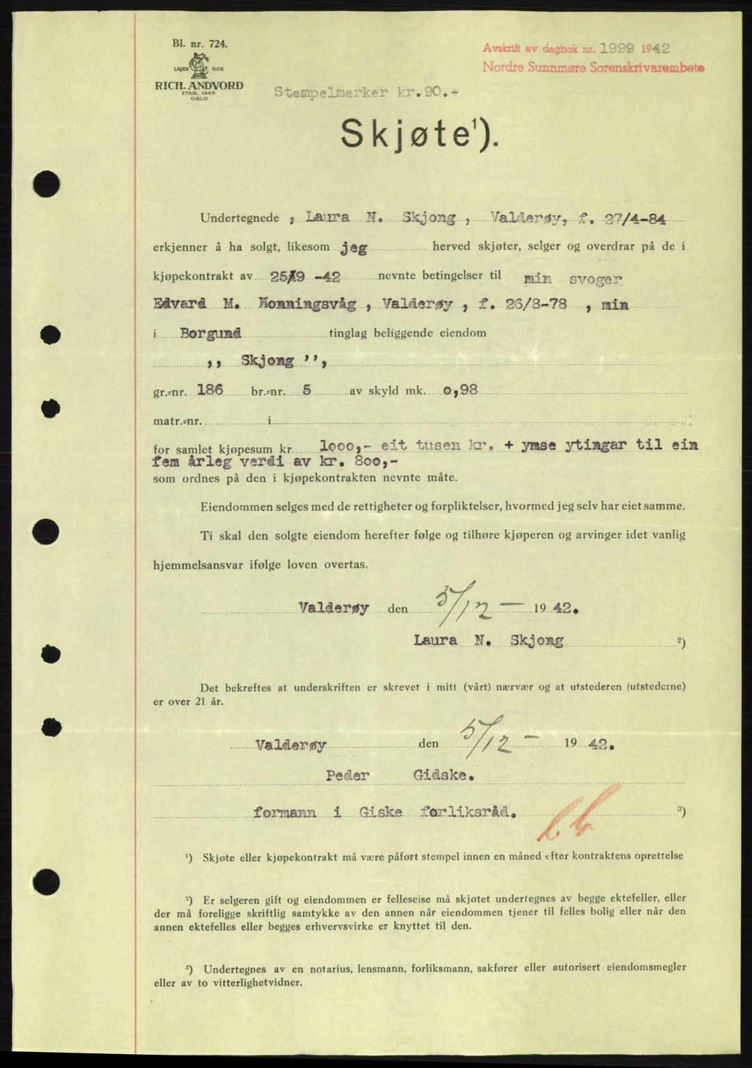 Nordre Sunnmøre sorenskriveri, AV/SAT-A-0006/1/2/2C/2Ca: Mortgage book no. A15, 1942-1943, Diary no: : 1999/1942