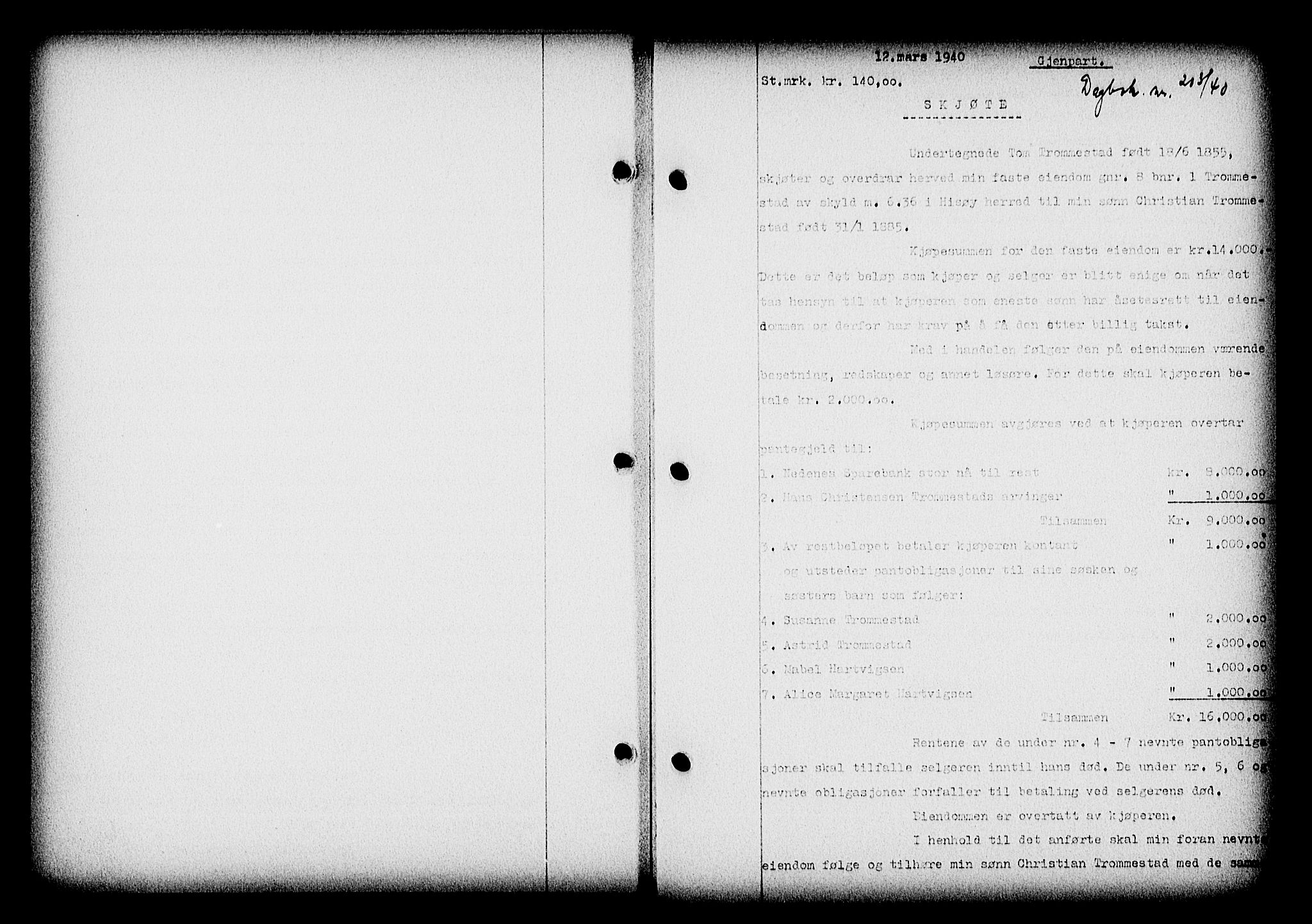 Nedenes sorenskriveri, SAK/1221-0006/G/Gb/Gba/L0047: Mortgage book no. A-I, 1939-1940, Diary no: : 203/1940
