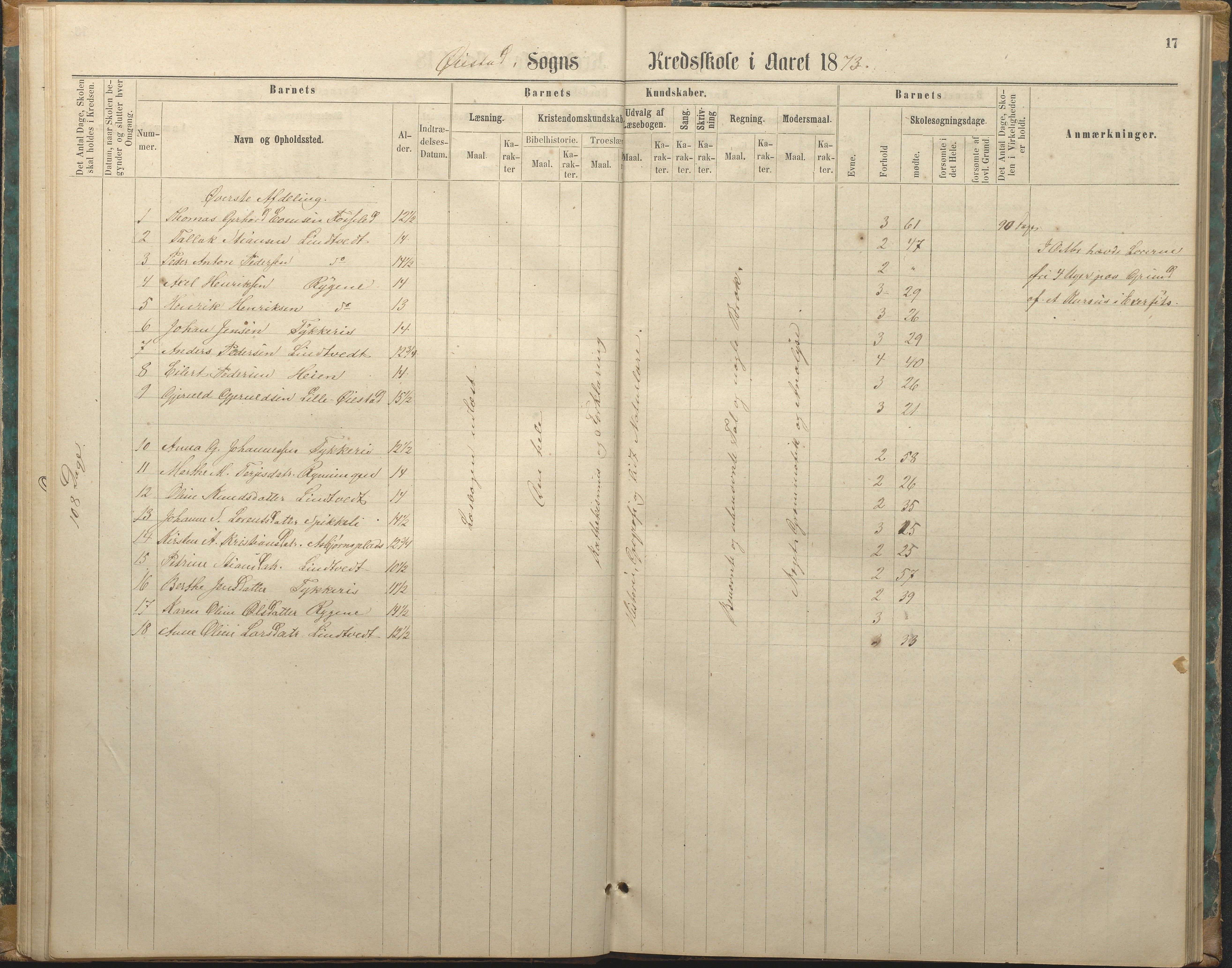 Øyestad kommune frem til 1979, AAKS/KA0920-PK/06/06F/L0003: Skolejournal, 1865-1891, p. 17