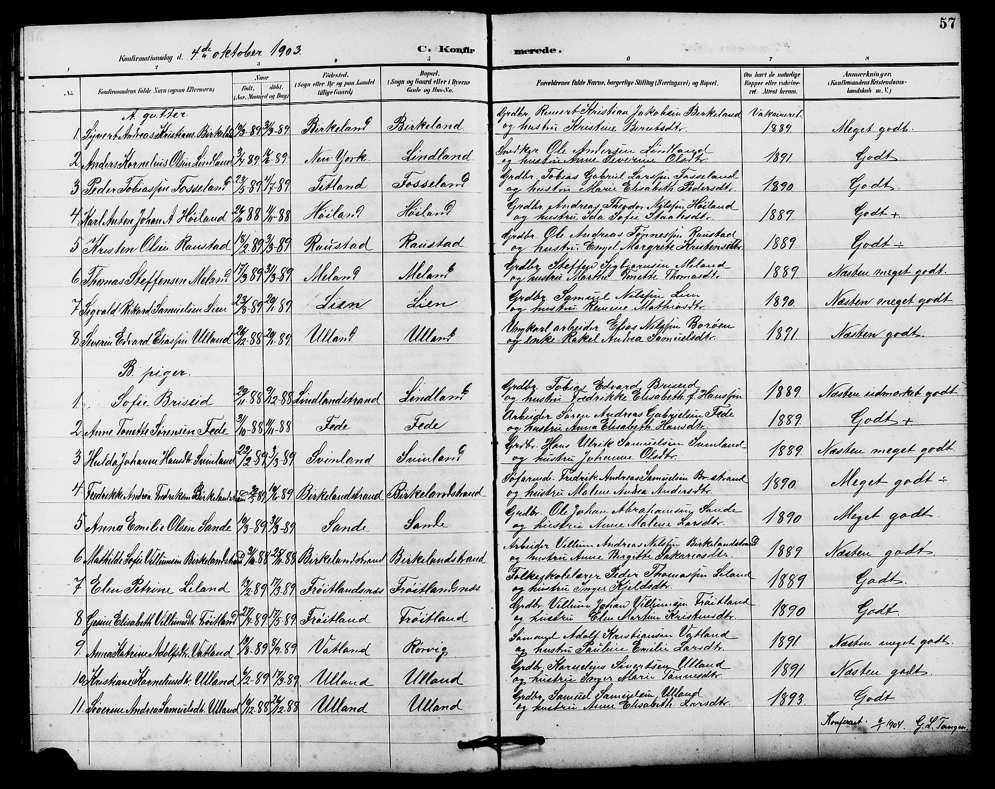 Kvinesdal sokneprestkontor, SAK/1111-0026/F/Fb/Fba/L0004: Parish register (copy) no. B 4, 1894-1909, p. 57