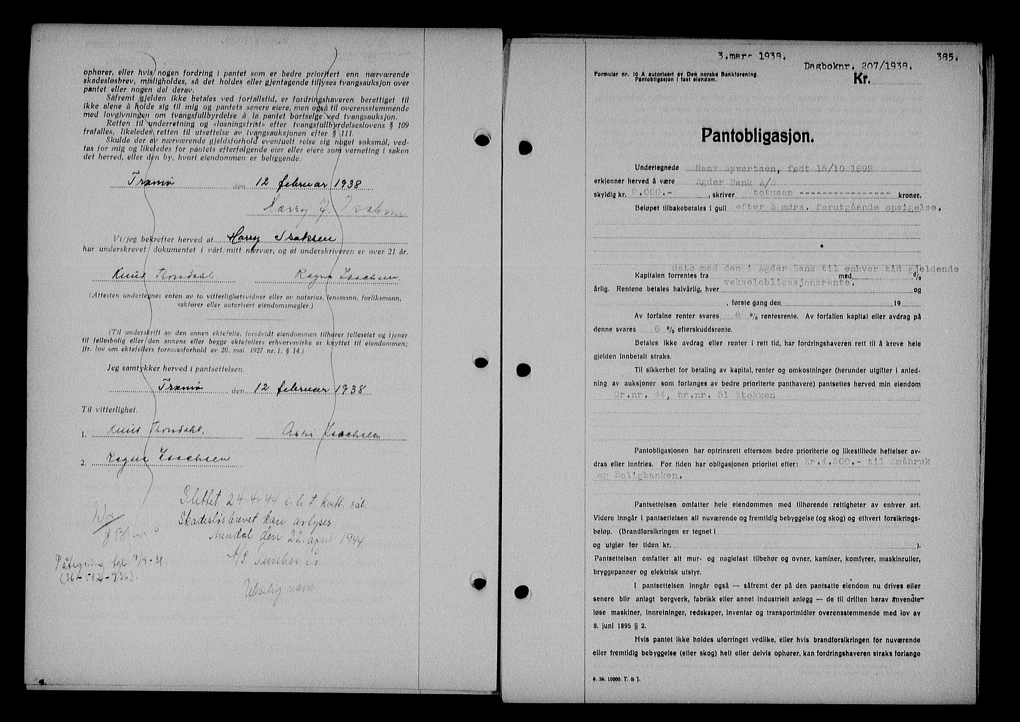 Nedenes sorenskriveri, SAK/1221-0006/G/Gb/Gba/L0044: Mortgage book no. 40, 1937-1938, Diary no: : 207/1938