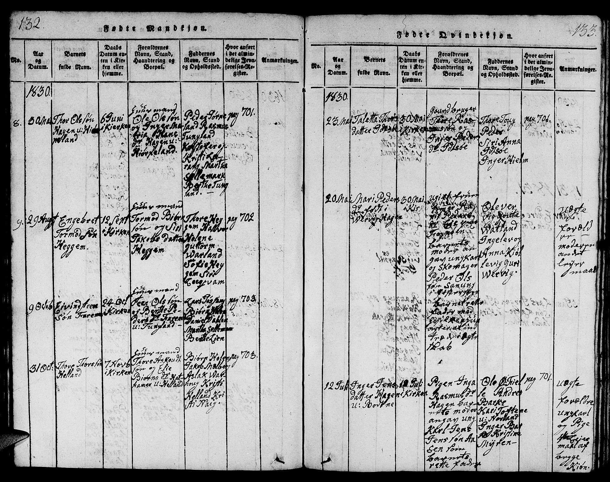 Strand sokneprestkontor, AV/SAST-A-101828/H/Ha/Hab/L0001: Parish register (copy) no. B 1, 1816-1854, p. 132-133