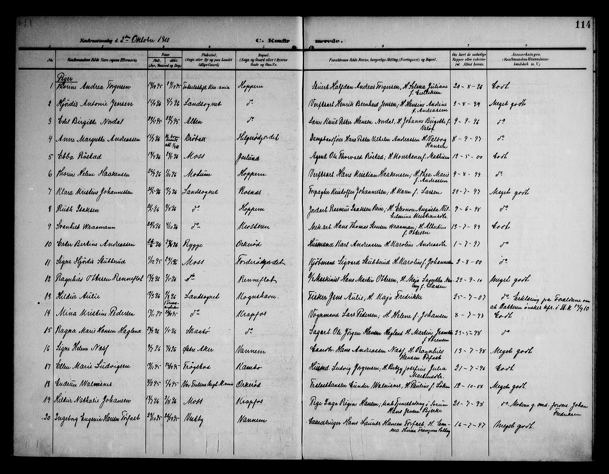 Moss prestekontor Kirkebøker, AV/SAO-A-2003/F/Fc/L0003: Parish register (official) no. III 3, 1906-1914, p. 114