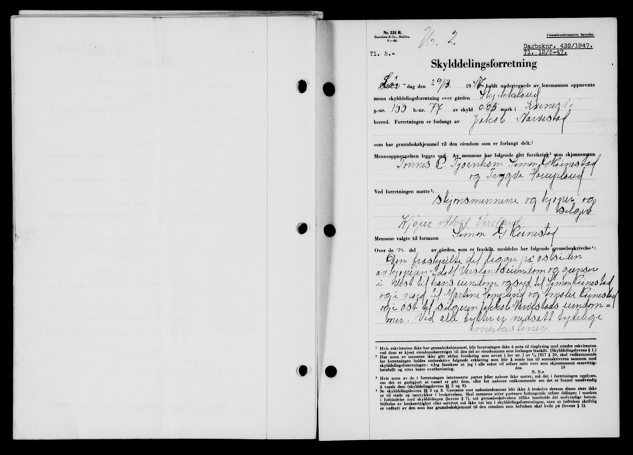 Flekkefjord sorenskriveri, SAK/1221-0001/G/Gb/Gba/L0062: Mortgage book no. A-10, 1947-1947, Diary no: : 432/1947