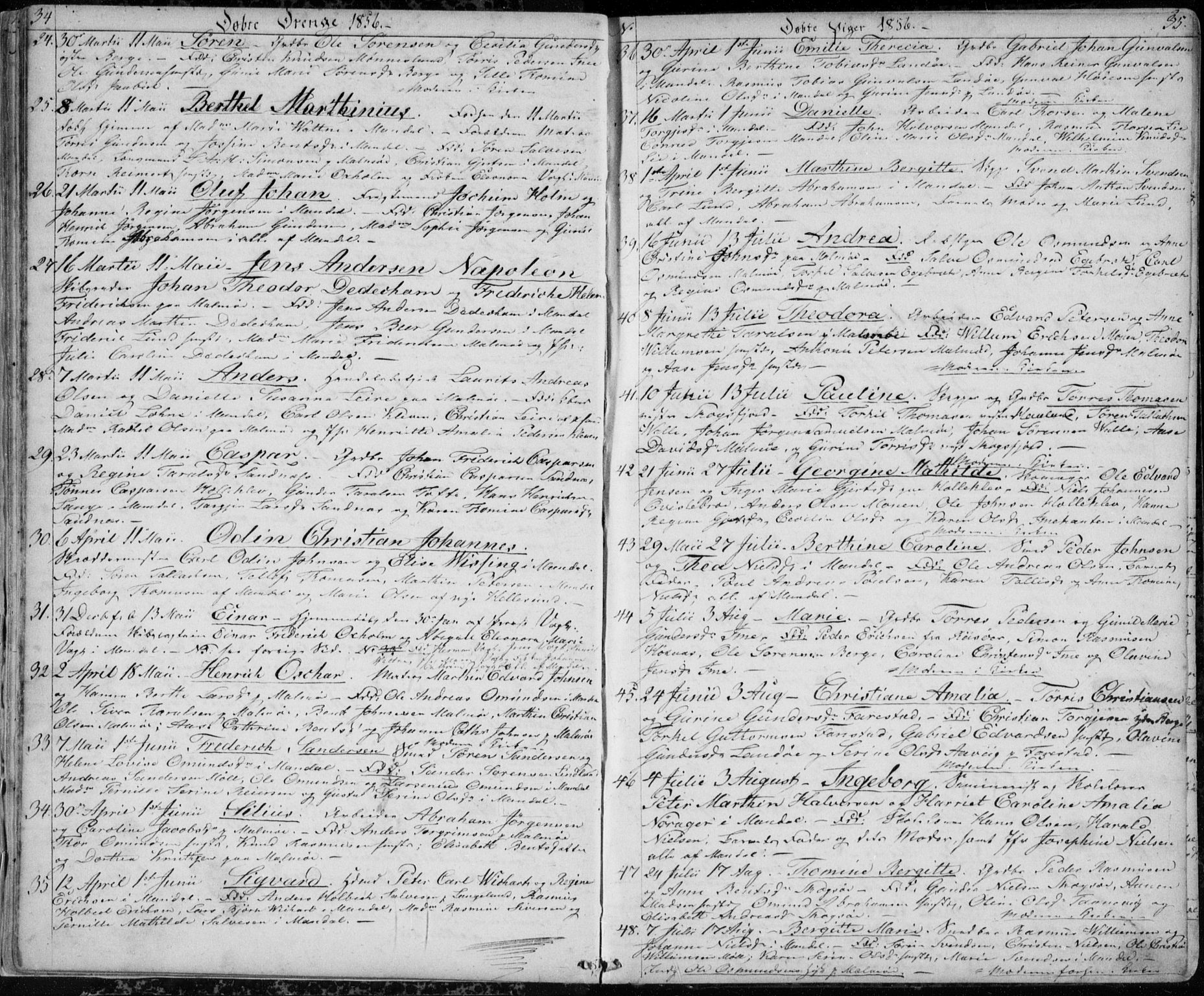 Mandal sokneprestkontor, SAK/1111-0030/F/Fb/Fba/L0008: Parish register (copy) no. B 2, 1854-1868, p. 34-35