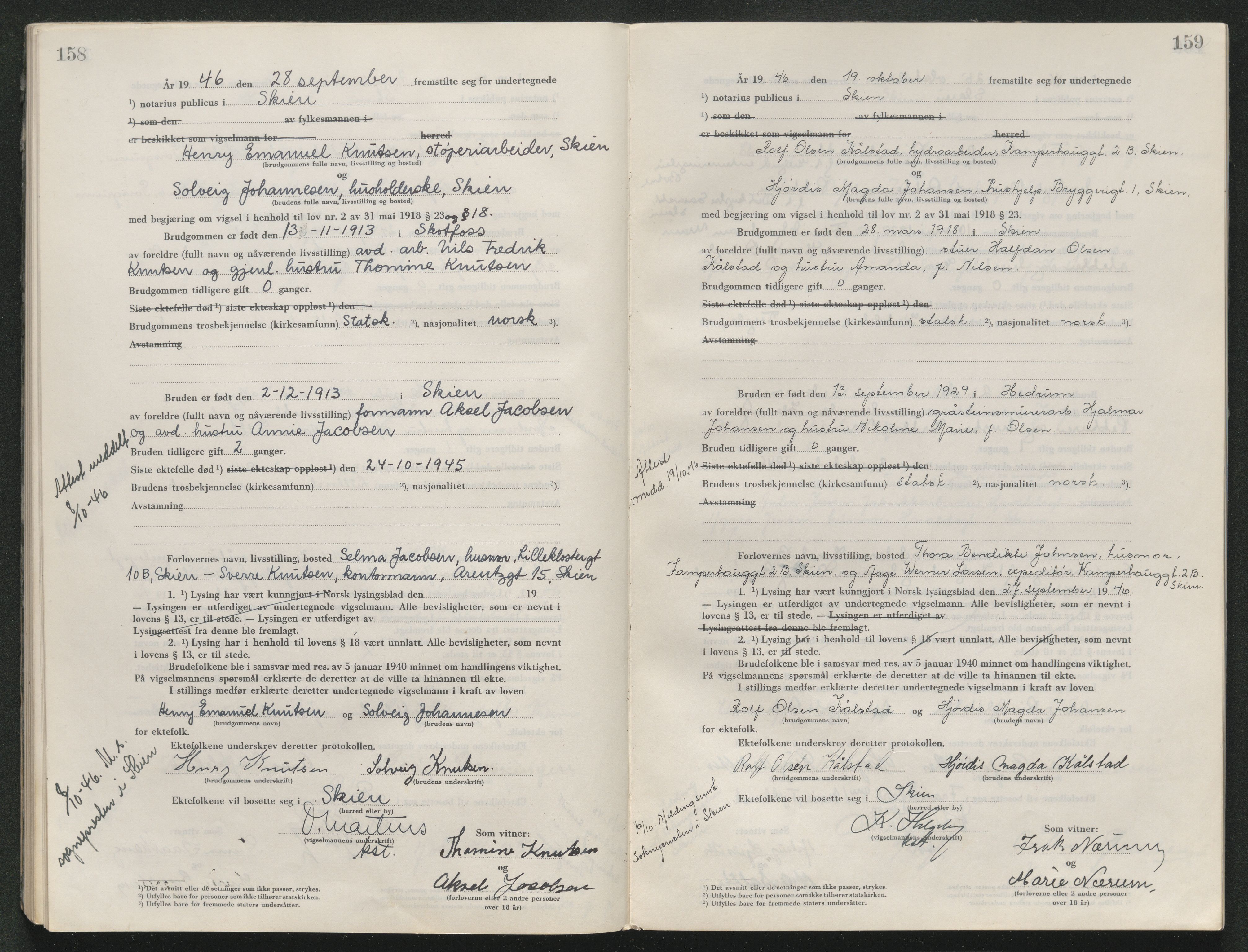 Skien sorenskriveri, AV/SAKO-A-225/L/La/L0001: Vigselsprotokoll, 1920-1947, p. 158-159