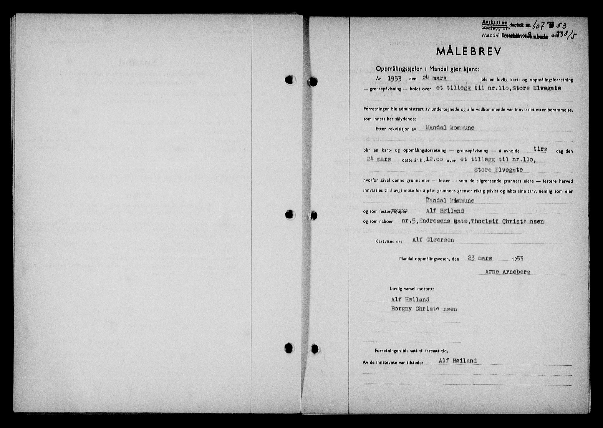 Mandal sorenskriveri, SAK/1221-0005/001/G/Gb/Gba/L0087: Mortgage book no. A-24, 1953-1953, Diary no: : 607/1953
