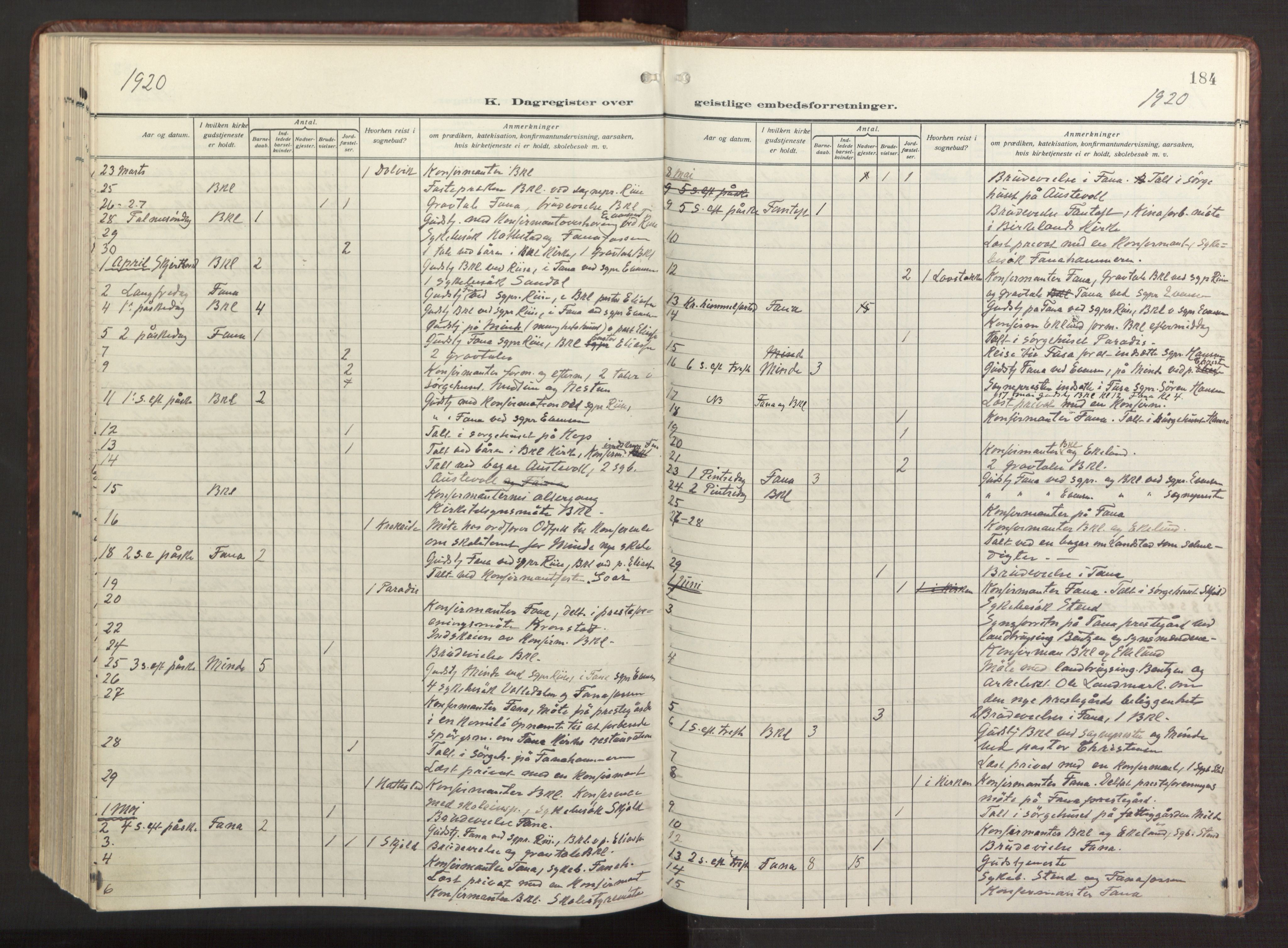 Fana Sokneprestembete, AV/SAB-A-75101/H/Haa/Haab/L0005: Parish register (official) no. B 5, 1915-1923, p. 184