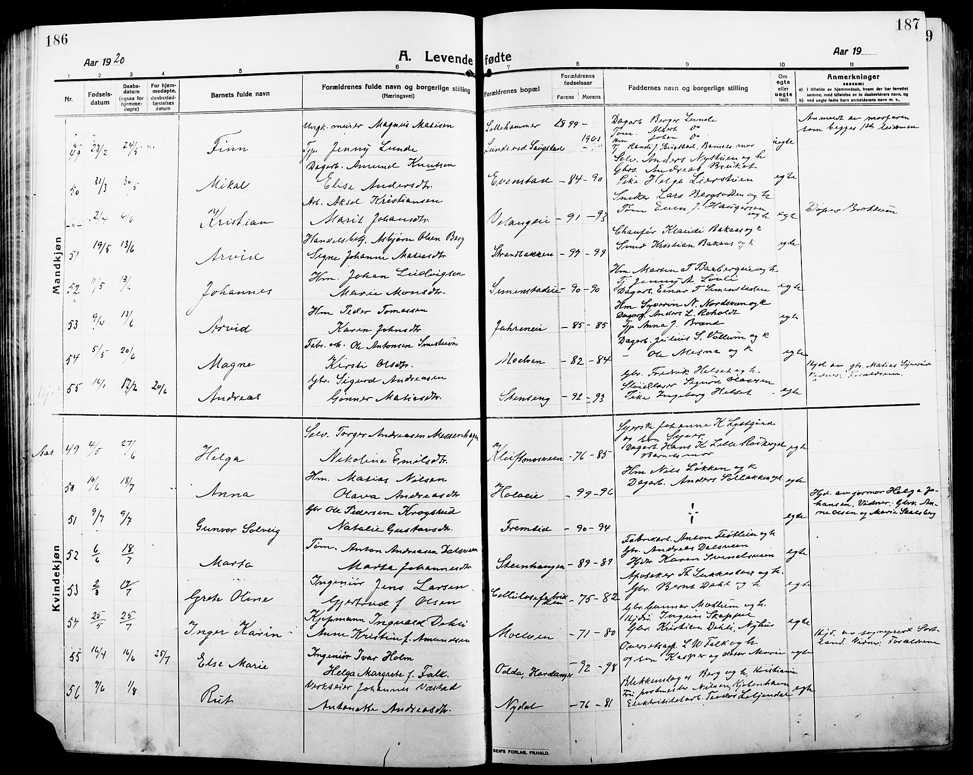 Ringsaker prestekontor, SAH/PREST-014/L/La/L0018: Parish register (copy) no. 18, 1913-1922, p. 186-187