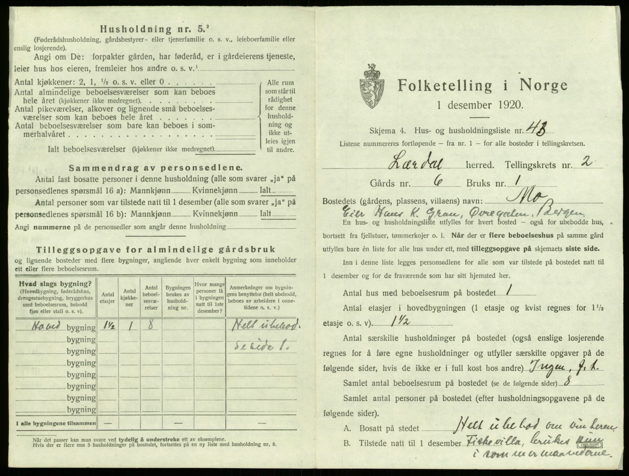 SAB, 1920 census for Lærdal, 1920, p. 214