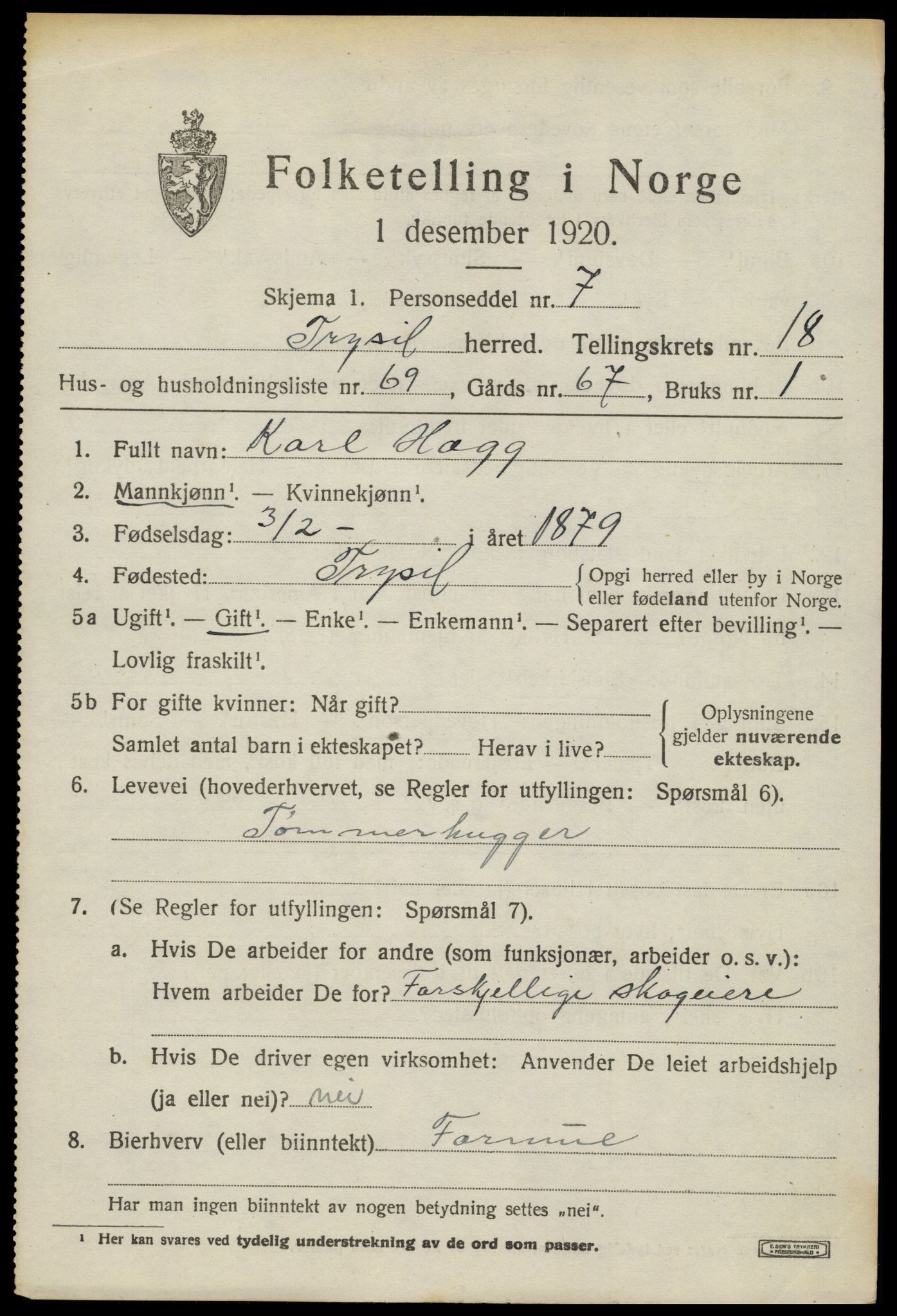 SAH, 1920 census for Trysil, 1920, p. 12601