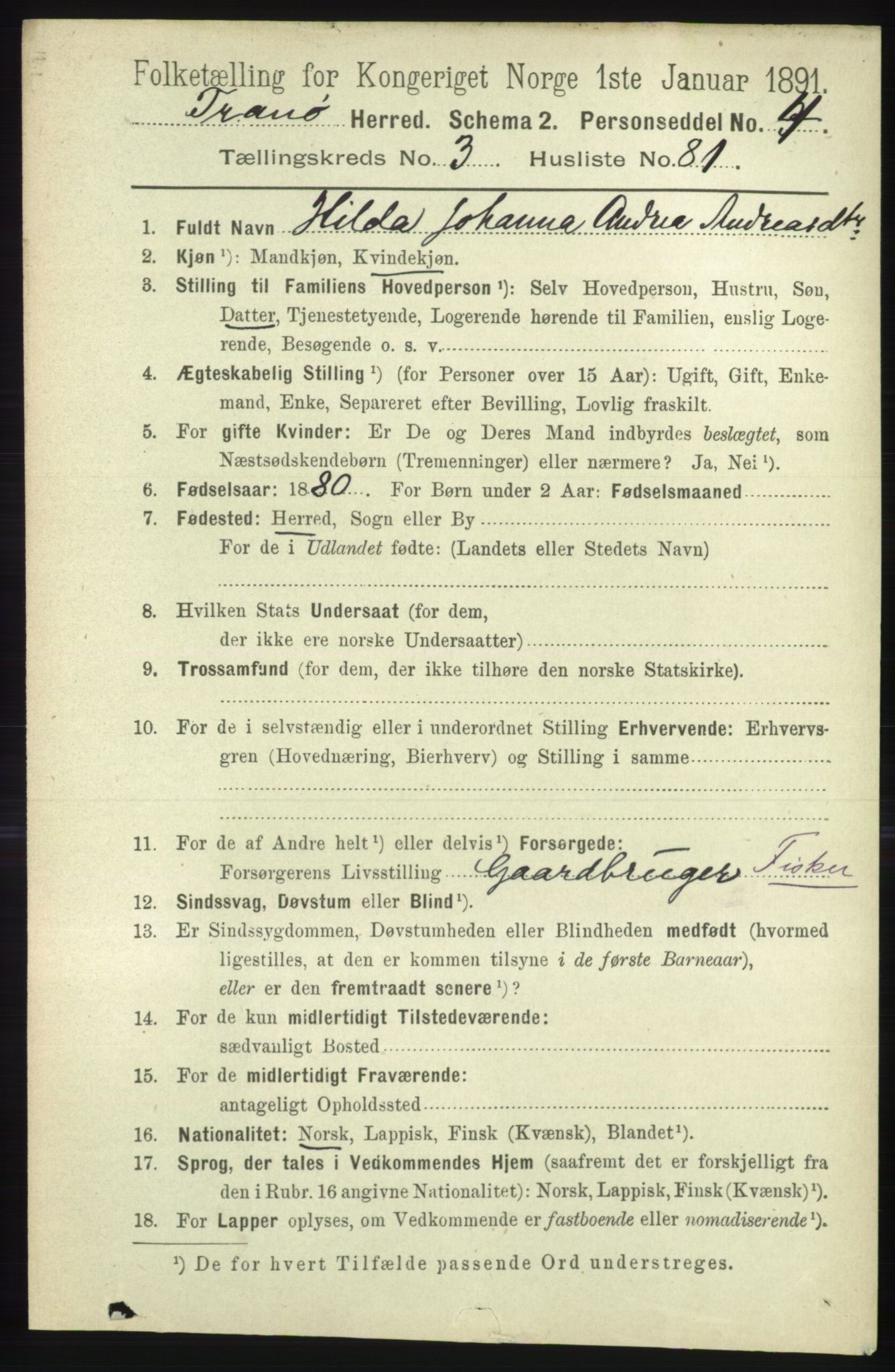 RA, 1891 census for 1927 Tranøy, 1891, p. 1379