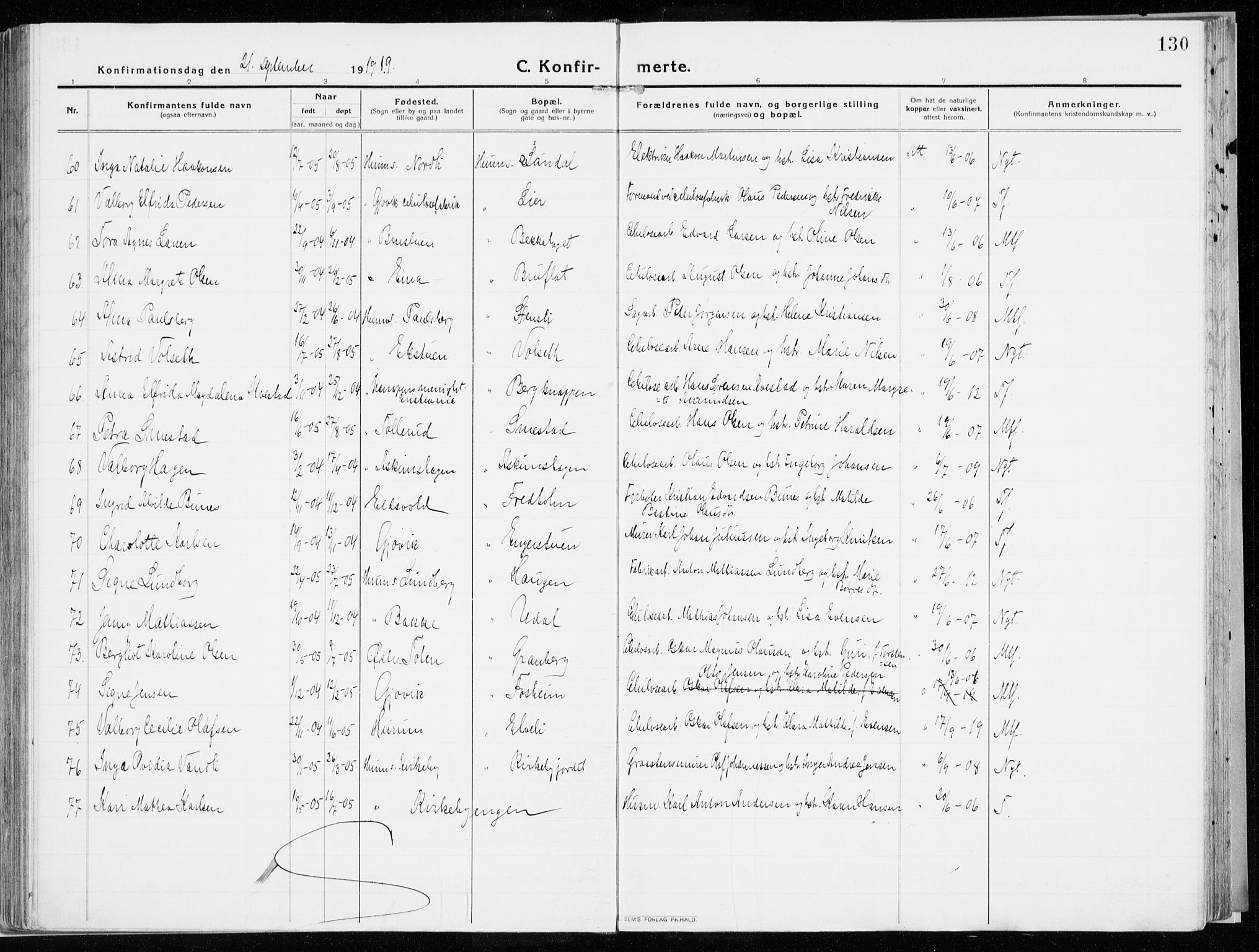 Vardal prestekontor, SAH/PREST-100/H/Ha/Haa/L0017: Parish register (official) no. 17, 1915-1929, p. 130