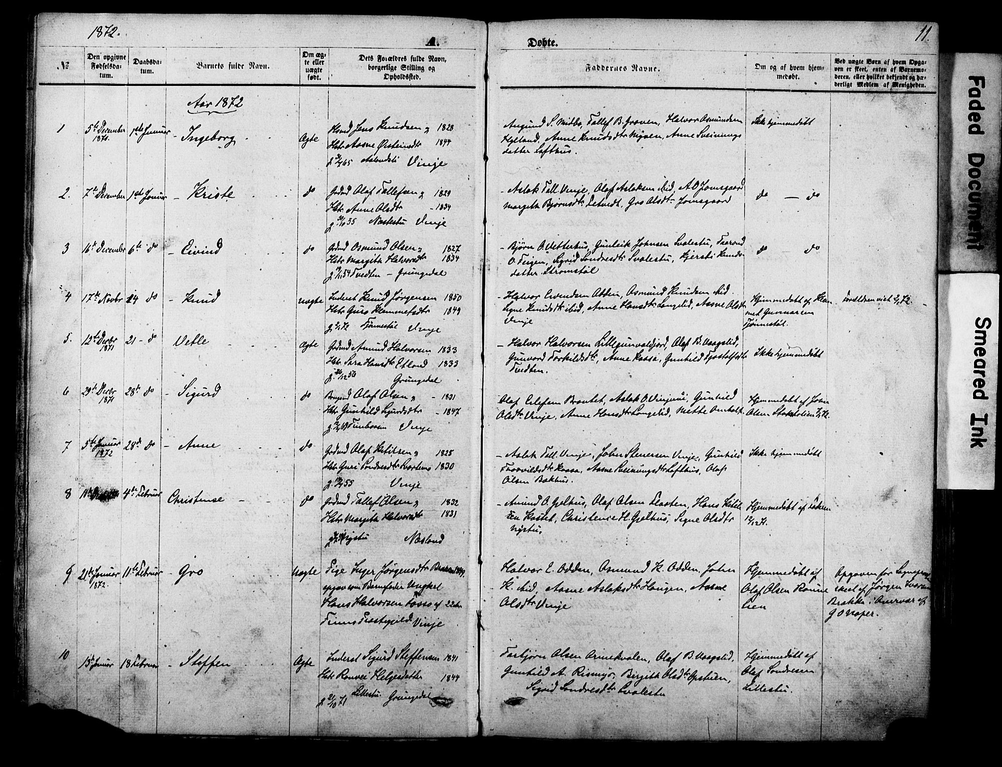 Vinje kirkebøker, SAKO/A-312/F/Fa/L0005: Parish register (official) no. I 5, 1870-1886, p. 11