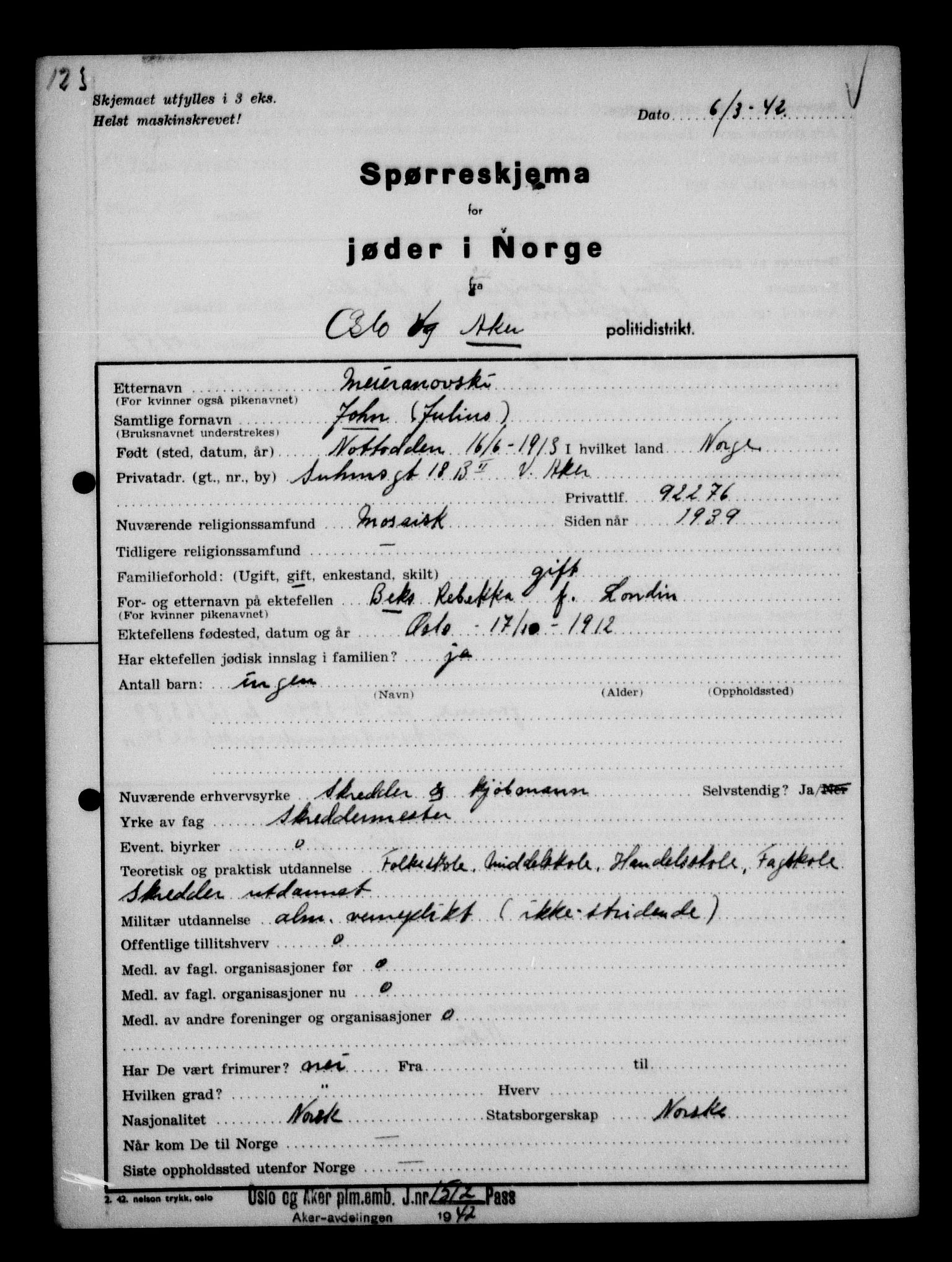 Statspolitiet - Hovedkontoret / Osloavdelingen, AV/RA-S-1329/G/Ga/L0012: Spørreskjema for jøder i Norge. 1: Aker 114- 207 (Levinson-Wozak) og 656 (Salomon). 2: Arendal-Hordaland. 3: Horten-Romerike.  , 1942, p. 30