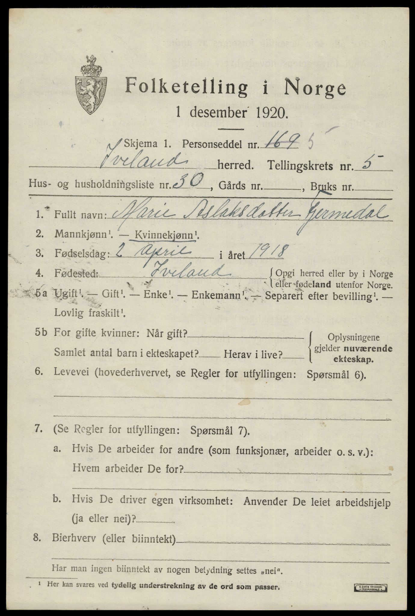 SAK, 1920 census for Iveland, 1920, p. 1923