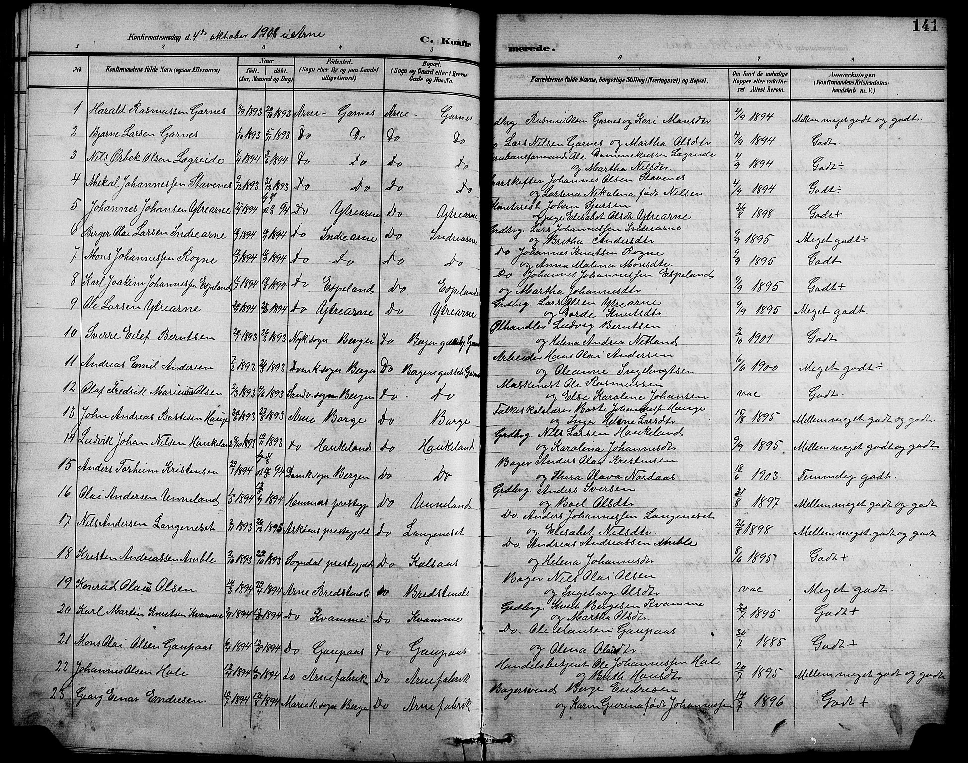 Arna sokneprestembete, AV/SAB-A-74001/H/Ha/Hab: Parish register (copy) no. A 4, 1898-1910, p. 141