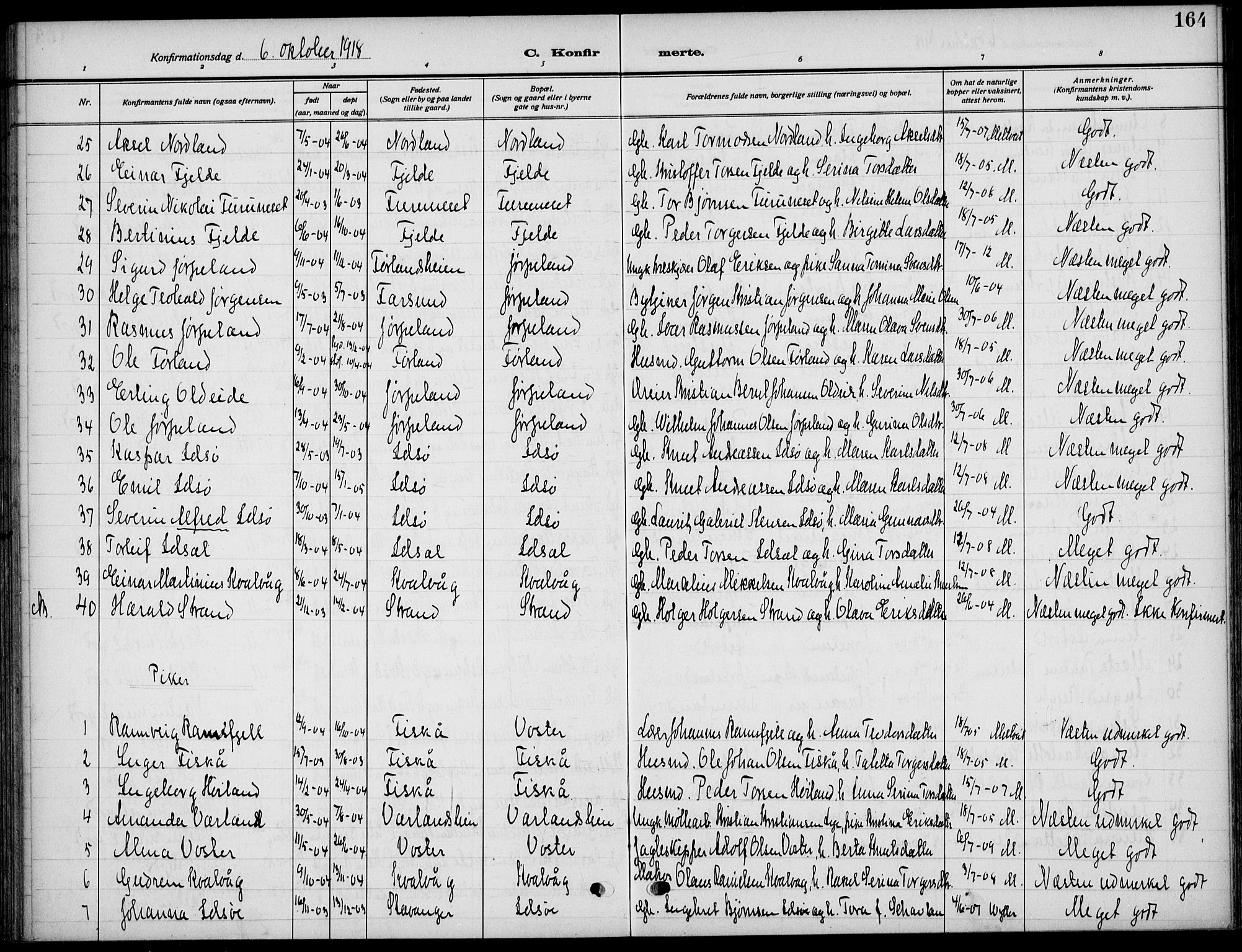 Strand sokneprestkontor, AV/SAST-A-101828/H/Ha/Haa/L0011: Parish register (official) no. A 11, 1908-1930, p. 164
