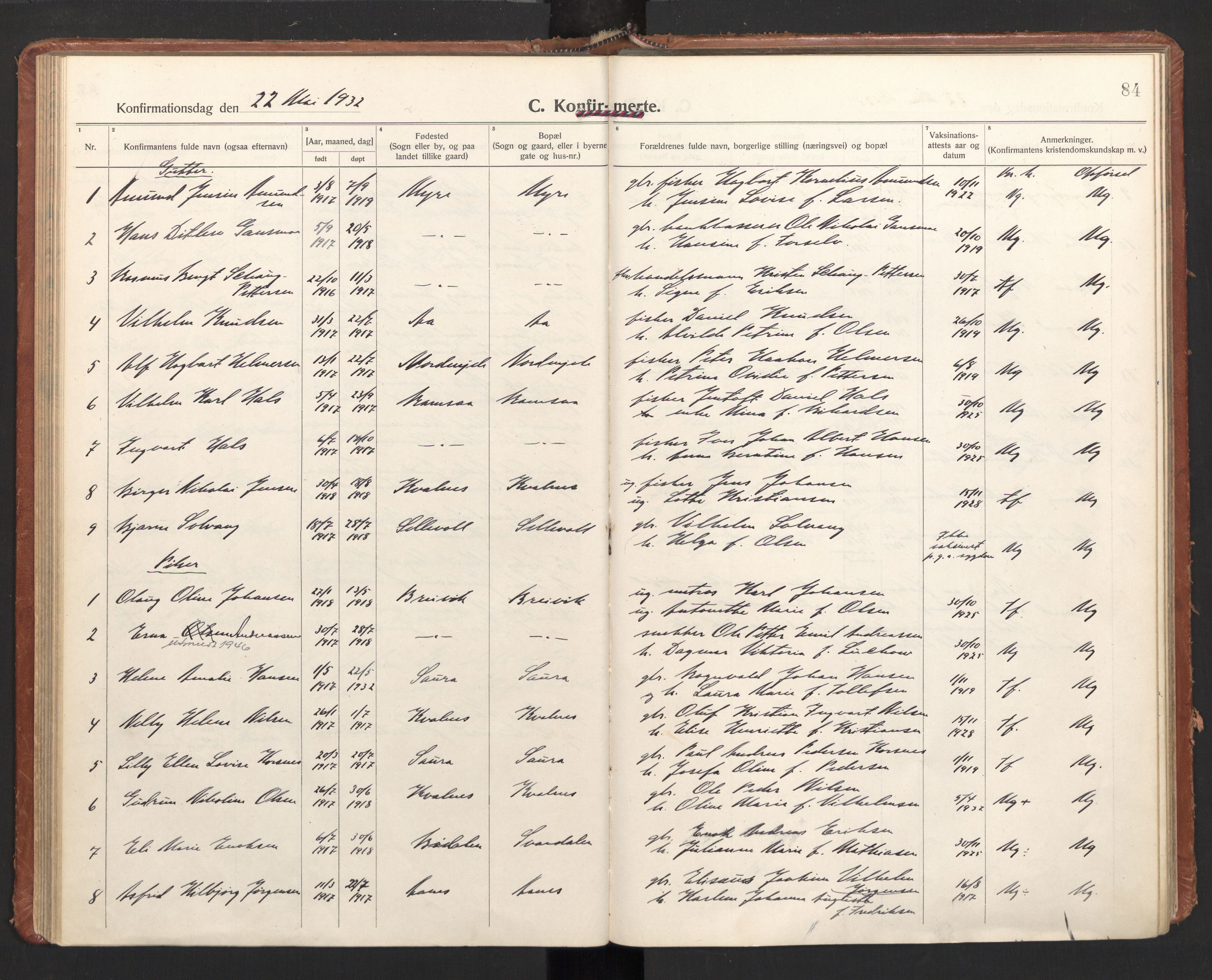 Ministerialprotokoller, klokkerbøker og fødselsregistre - Nordland, SAT/A-1459/897/L1408: Parish register (official) no. 897A15, 1922-1938, p. 84