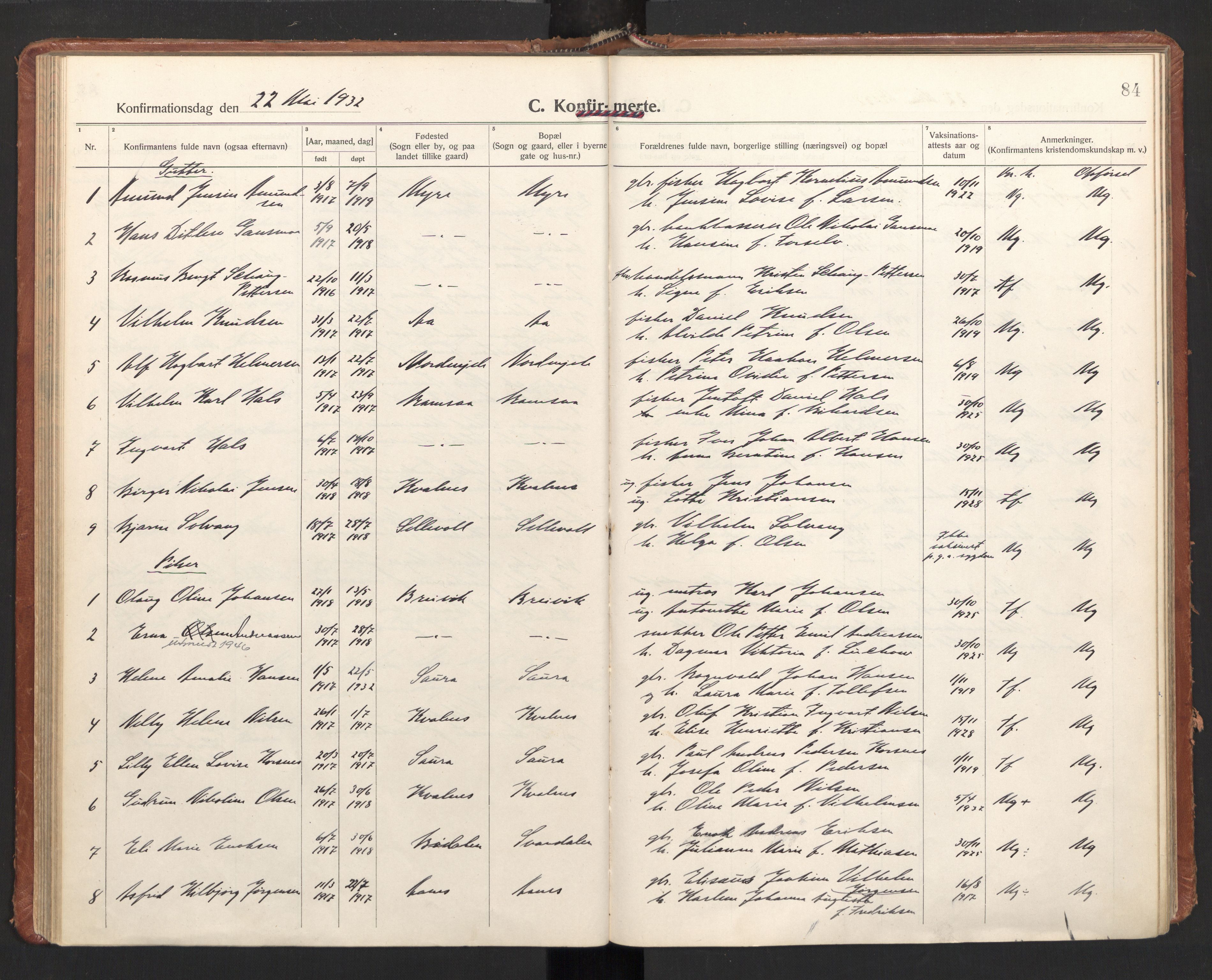 Ministerialprotokoller, klokkerbøker og fødselsregistre - Nordland, AV/SAT-A-1459/897/L1408: Parish register (official) no. 897A15, 1922-1938, p. 84