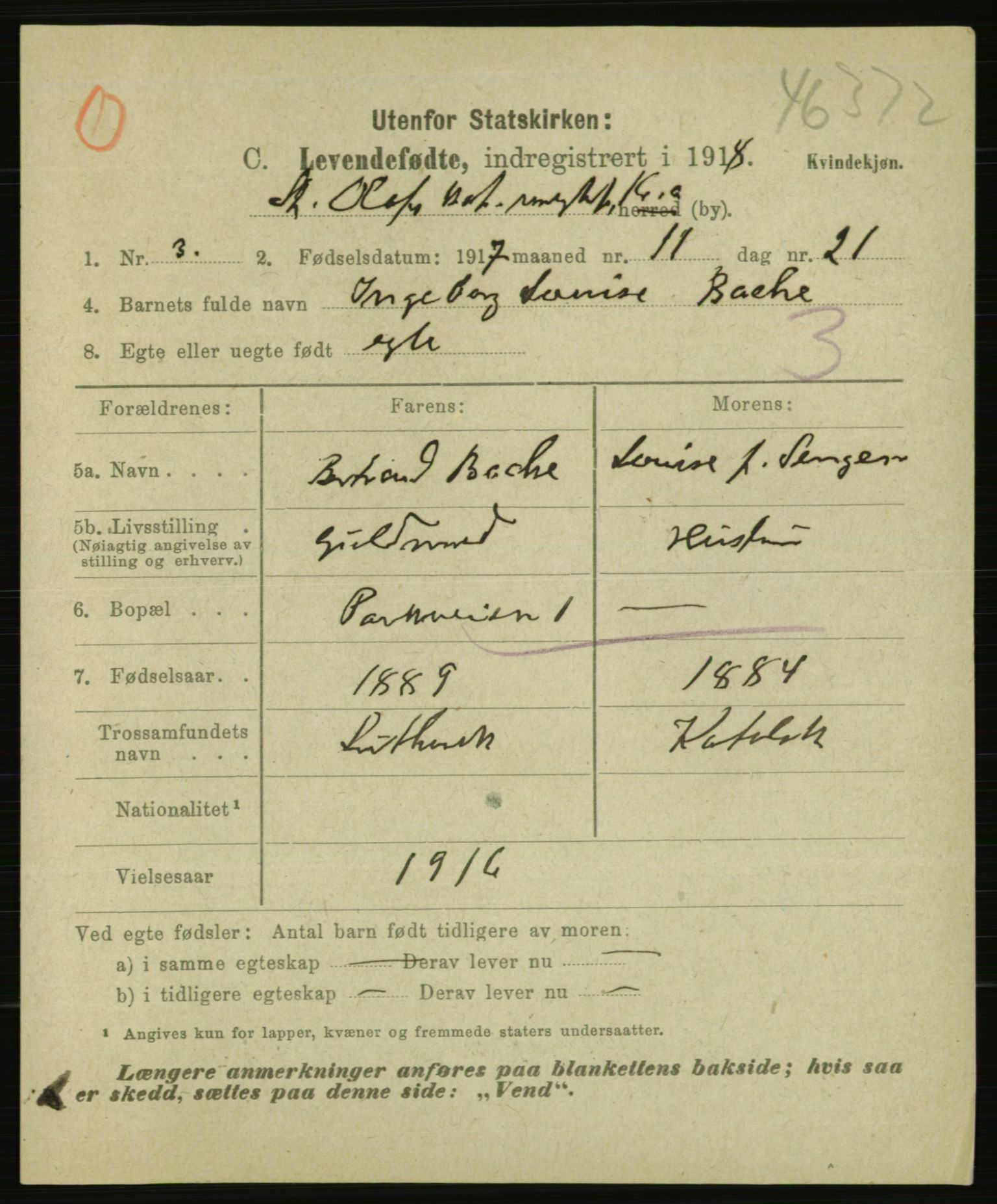 Statistisk sentralbyrå, Sosiodemografiske emner, Befolkning, AV/RA-S-2228/E/L0015: Fødte, gifte, døde dissentere., 1917, p. 3593