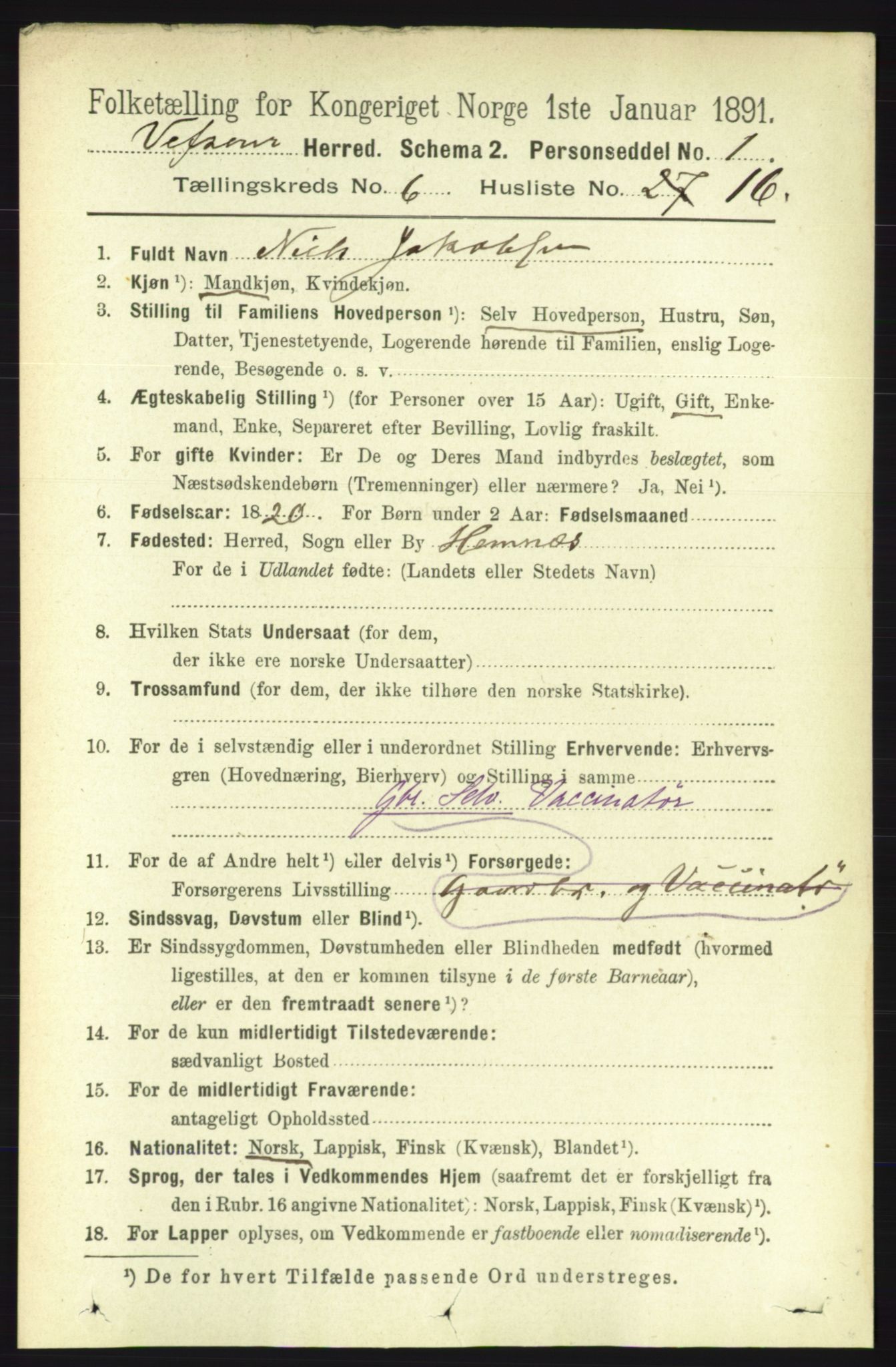 RA, 1891 census for 1824 Vefsn, 1891, p. 2895