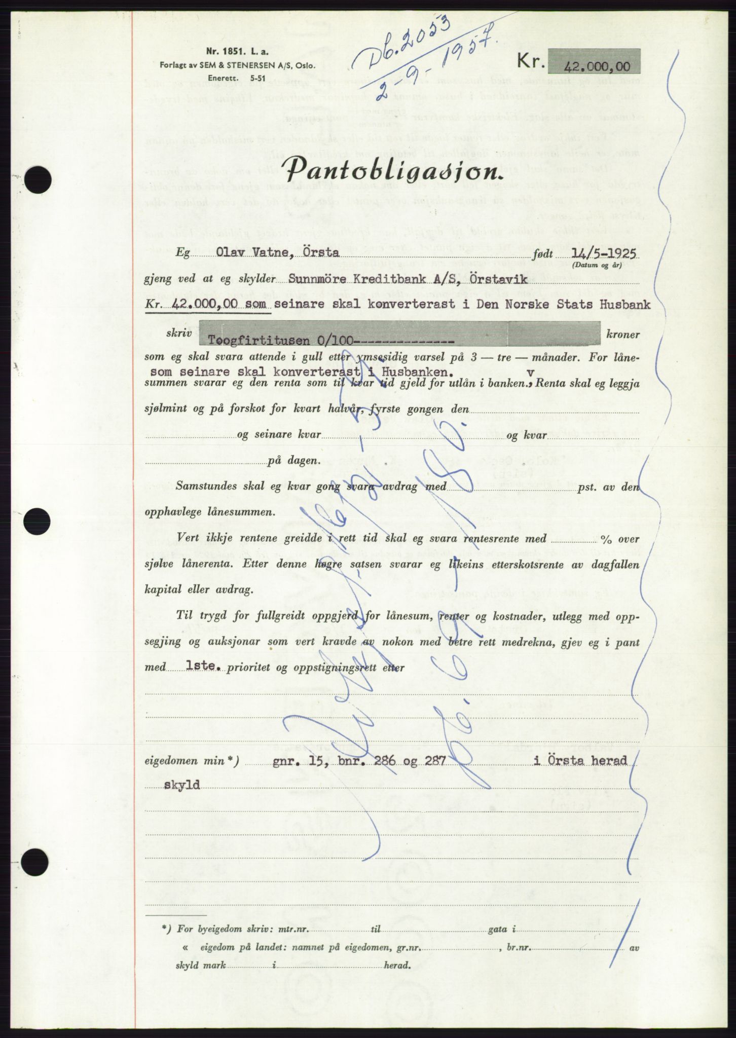 Søre Sunnmøre sorenskriveri, AV/SAT-A-4122/1/2/2C/L0130: Mortgage book no. 18B, 1957-1958, Diary no: : 2053/1957