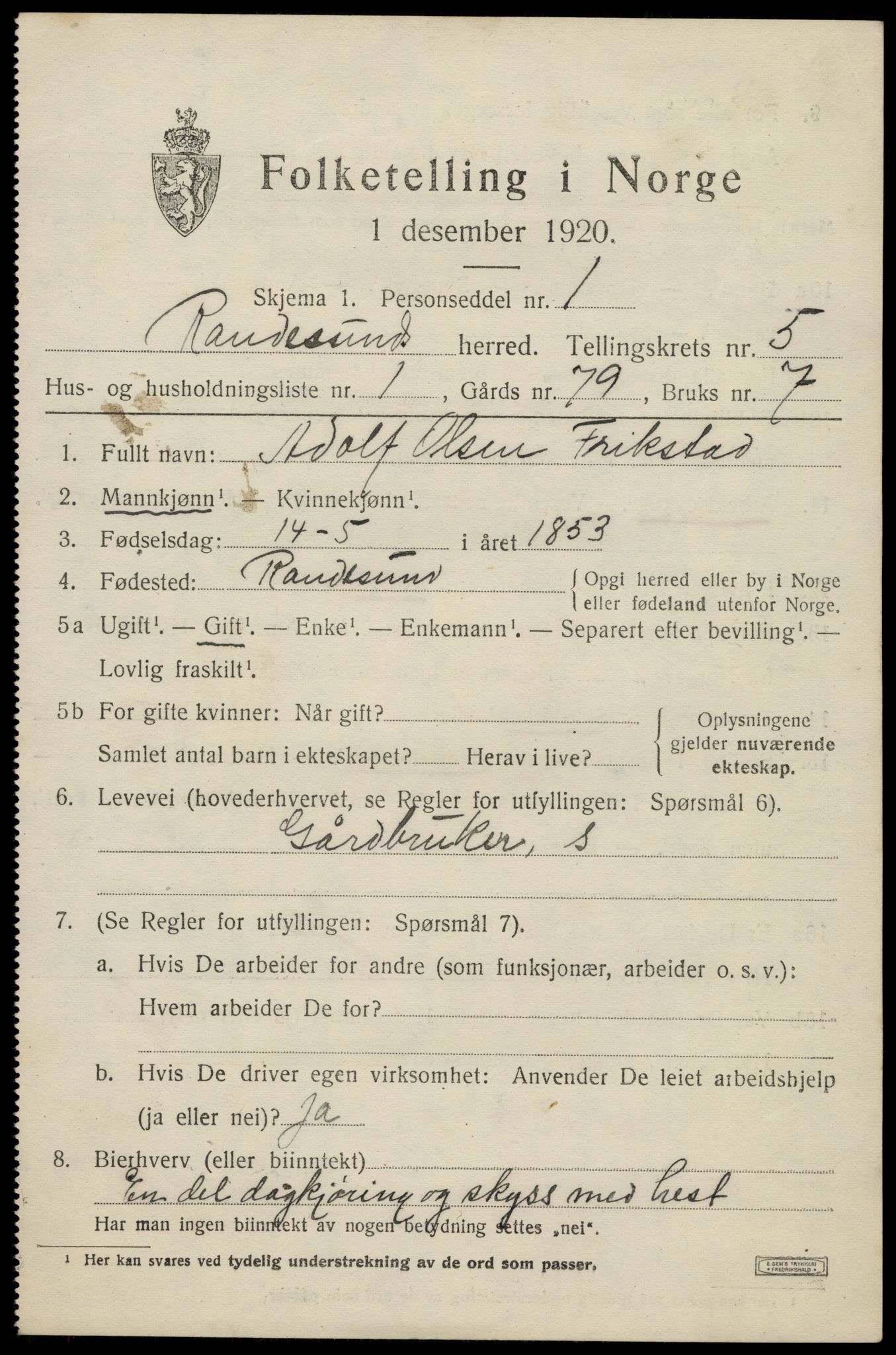 SAK, 1920 census for Randesund, 1920, p. 2312