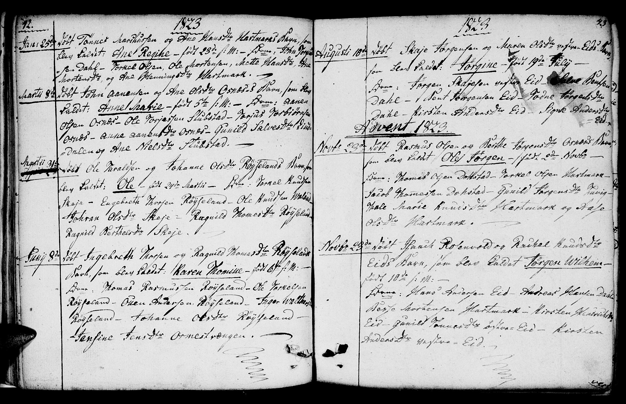 Mandal sokneprestkontor, SAK/1111-0030/F/Fb/Fbb/L0001: Parish register (copy) no. B 1, 1802-1846, p. 42-43
