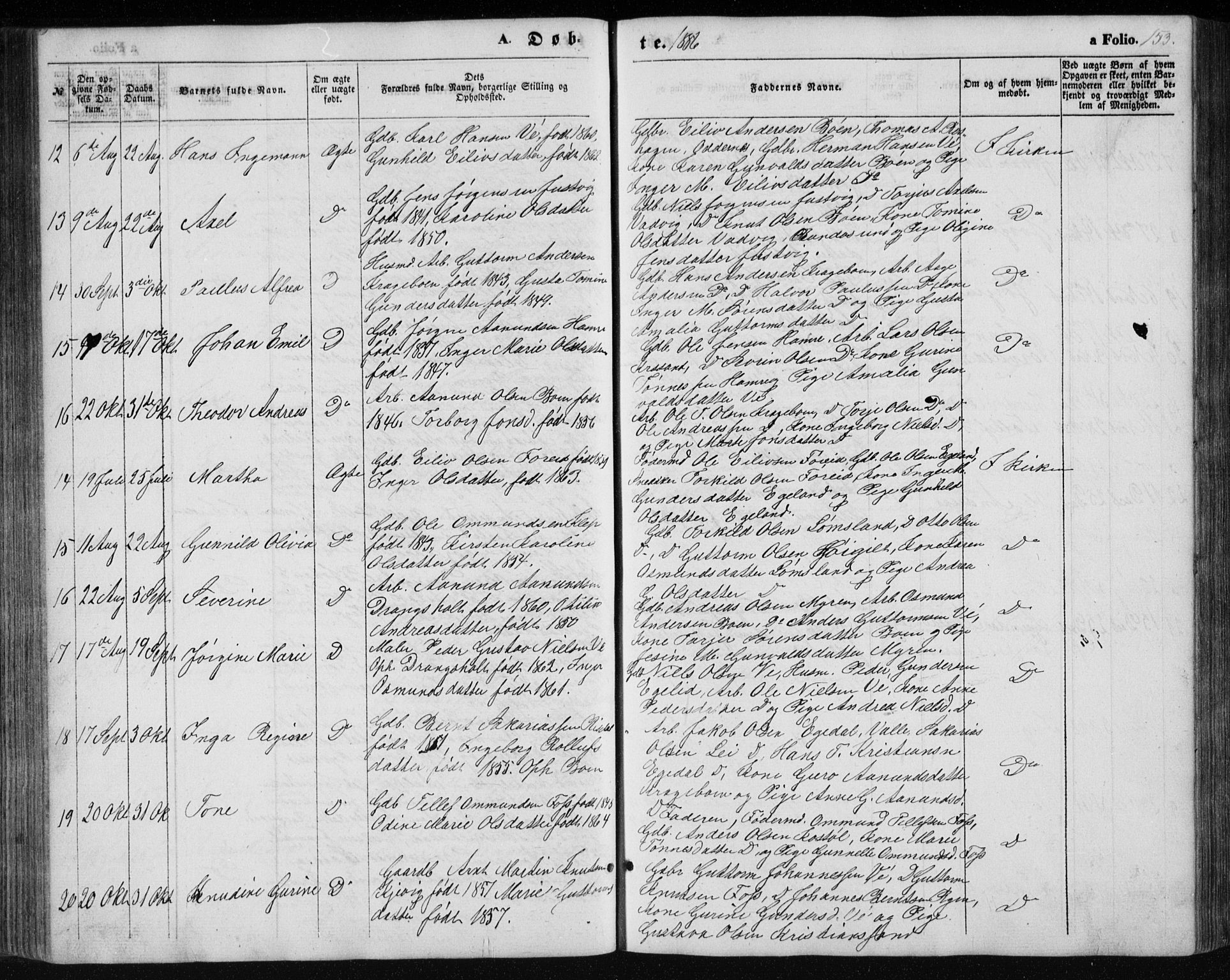 Tveit sokneprestkontor, AV/SAK-1111-0043/F/Fb/L0003: Parish register (copy) no. B 3, 1854-1886, p. 153