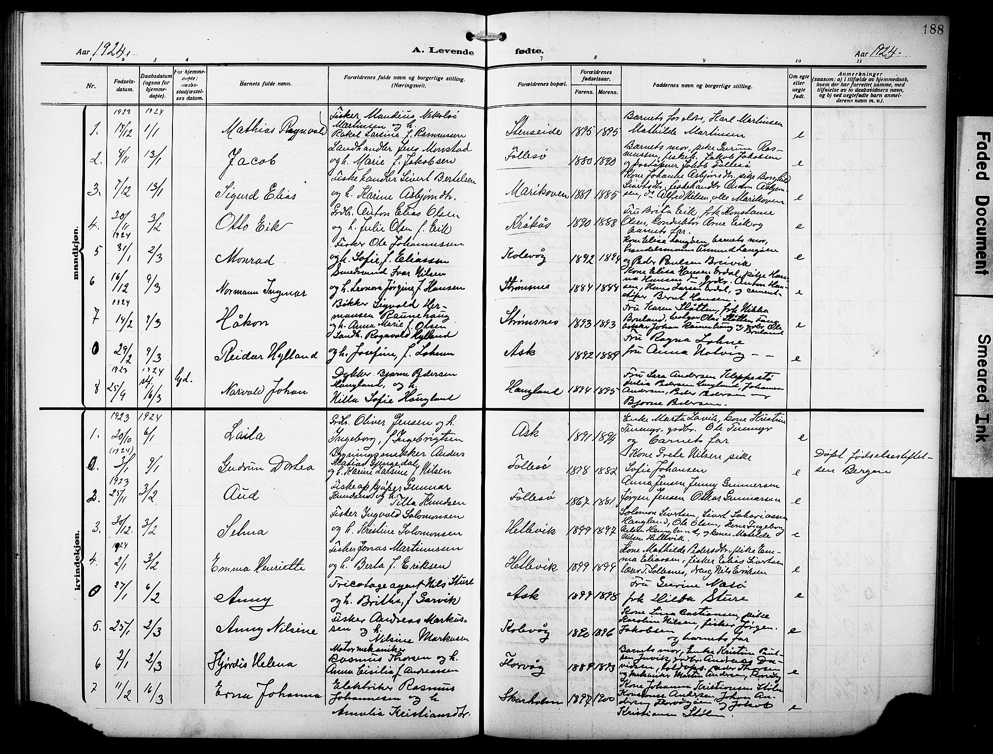 Askøy Sokneprestembete, SAB/A-74101/H/Ha/Hab/Haba/L0011: Parish register (copy) no. A 11, 1908-1931, p. 188