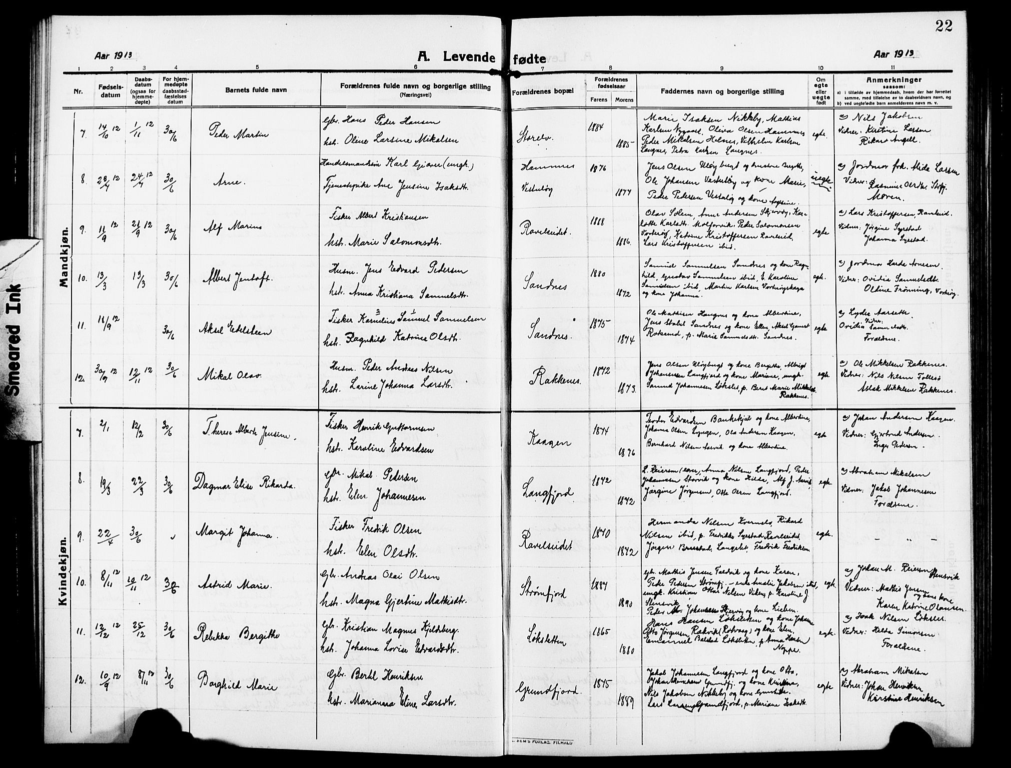 Skjervøy sokneprestkontor, AV/SATØ-S-1300/H/Ha/Hab/L0009klokker: Parish register (copy) no. 9, 1911-1926, p. 22