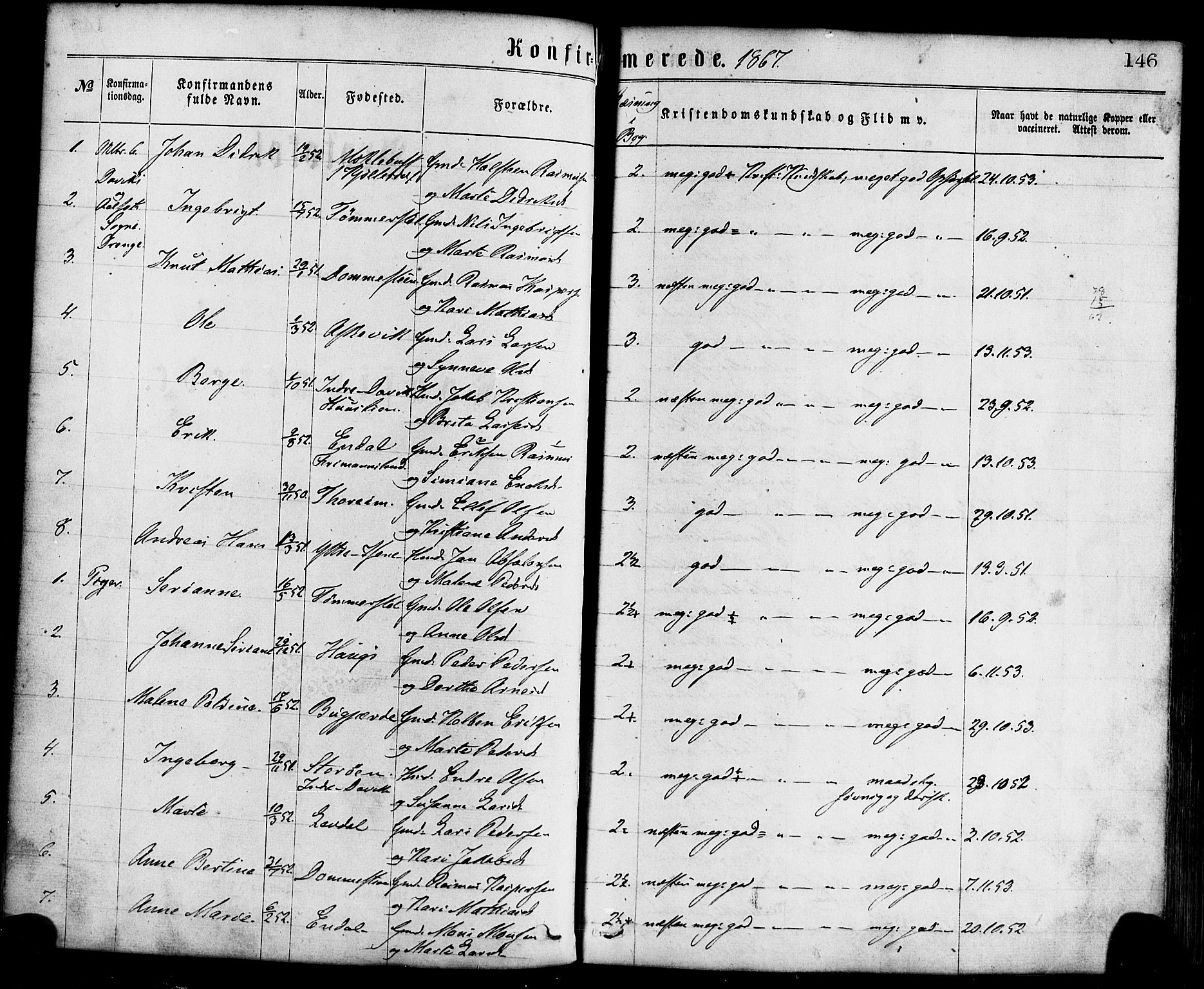 Davik sokneprestembete, SAB/A-79701/H/Haa/Haaa/L0006: Parish register (official) no. A 6, 1867-1881, p. 146