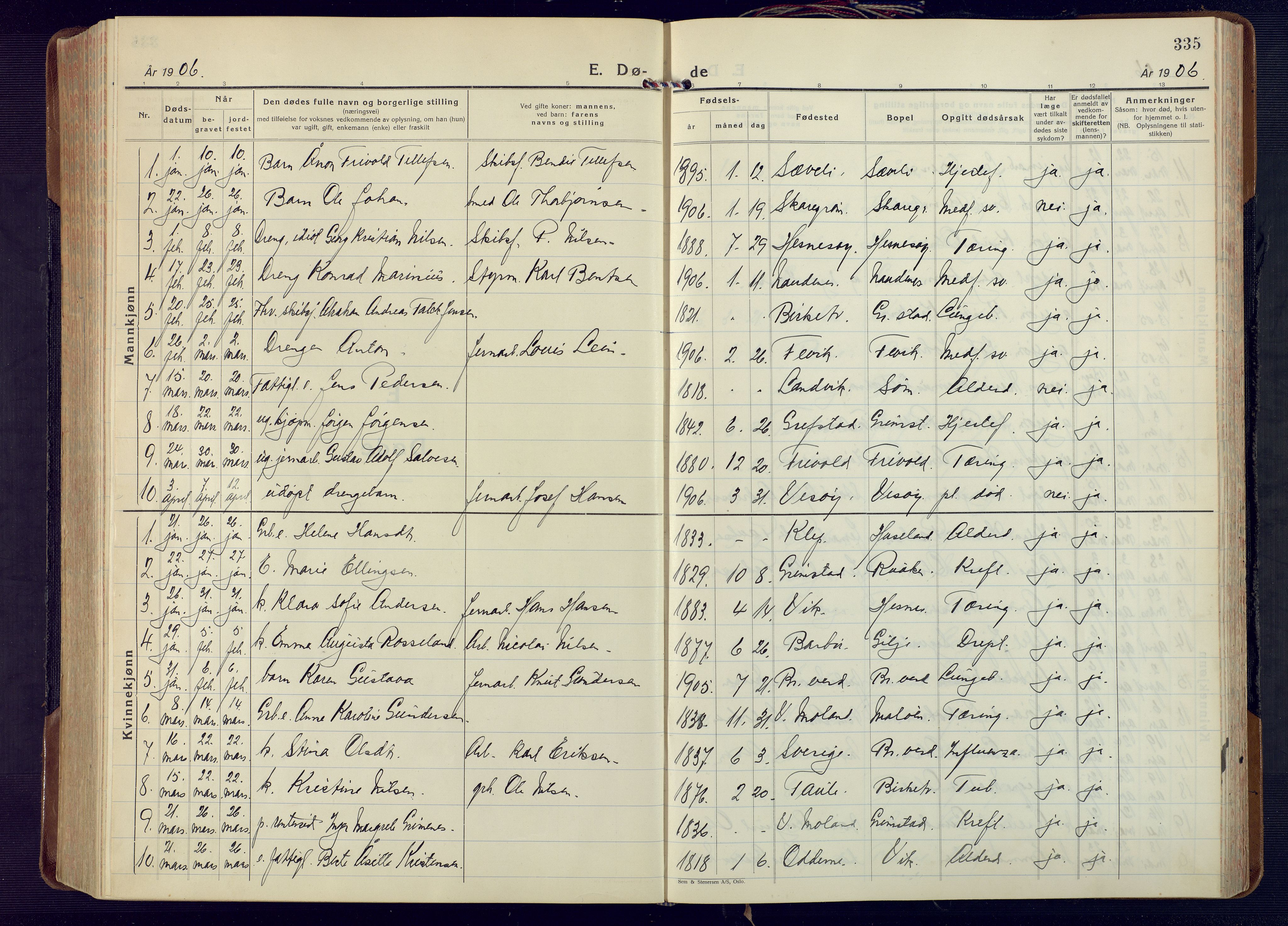 Fjære sokneprestkontor, SAK/1111-0011/F/Fa/L0004: Parish register (official) no. A 4, 1902-1925, p. 335