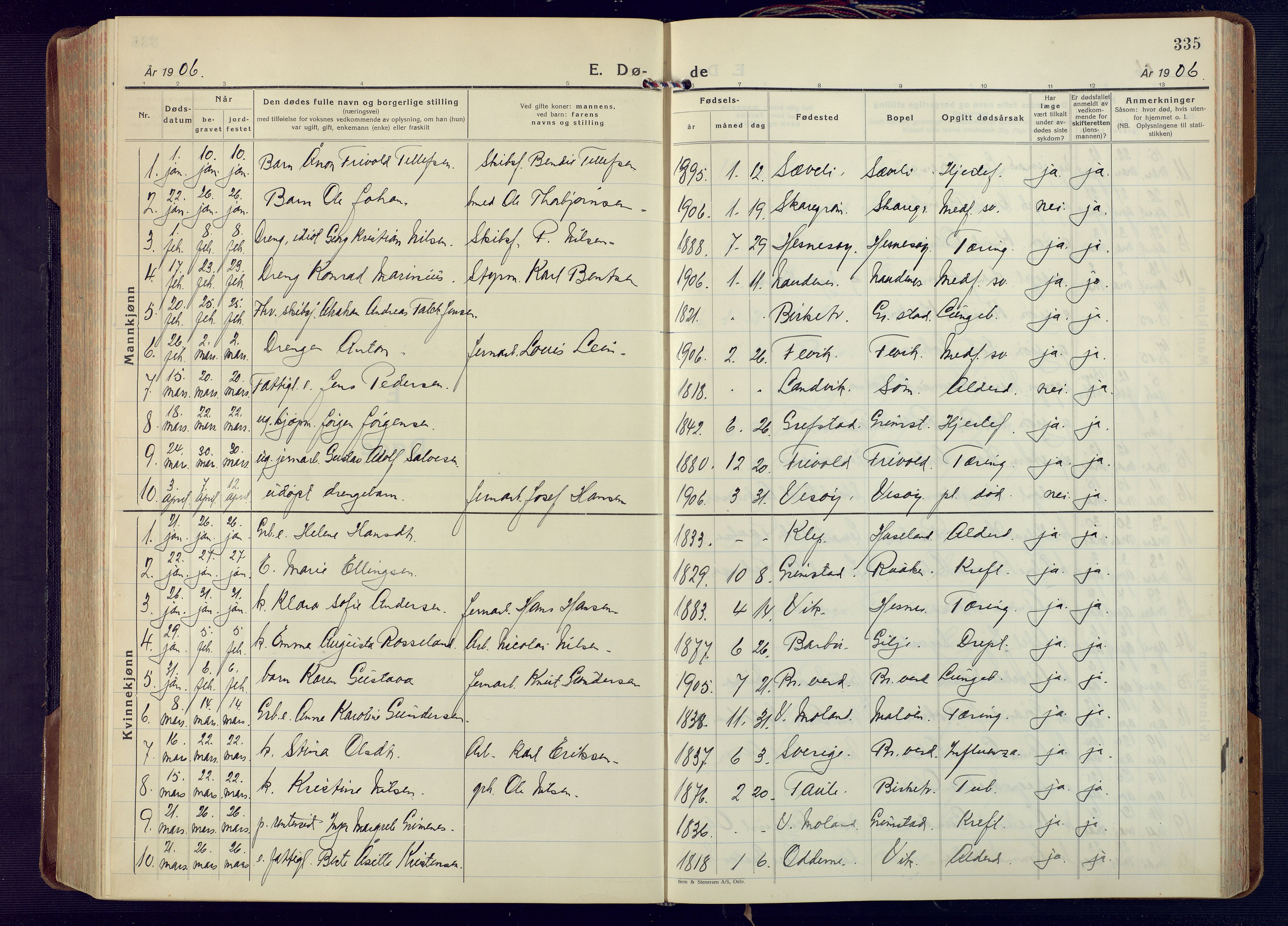 Fjære sokneprestkontor, AV/SAK-1111-0011/F/Fa/L0004: Parish register (official) no. A 4, 1902-1925, p. 335