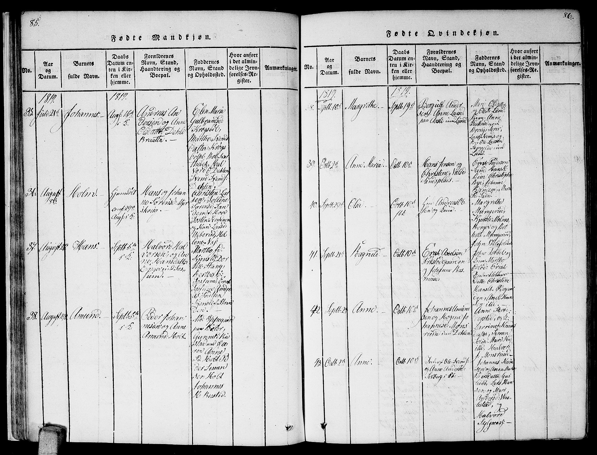 Enebakk prestekontor Kirkebøker, AV/SAO-A-10171c/F/Fa/L0006: Parish register (official) no. I 6, 1815-1832, p. 85-86