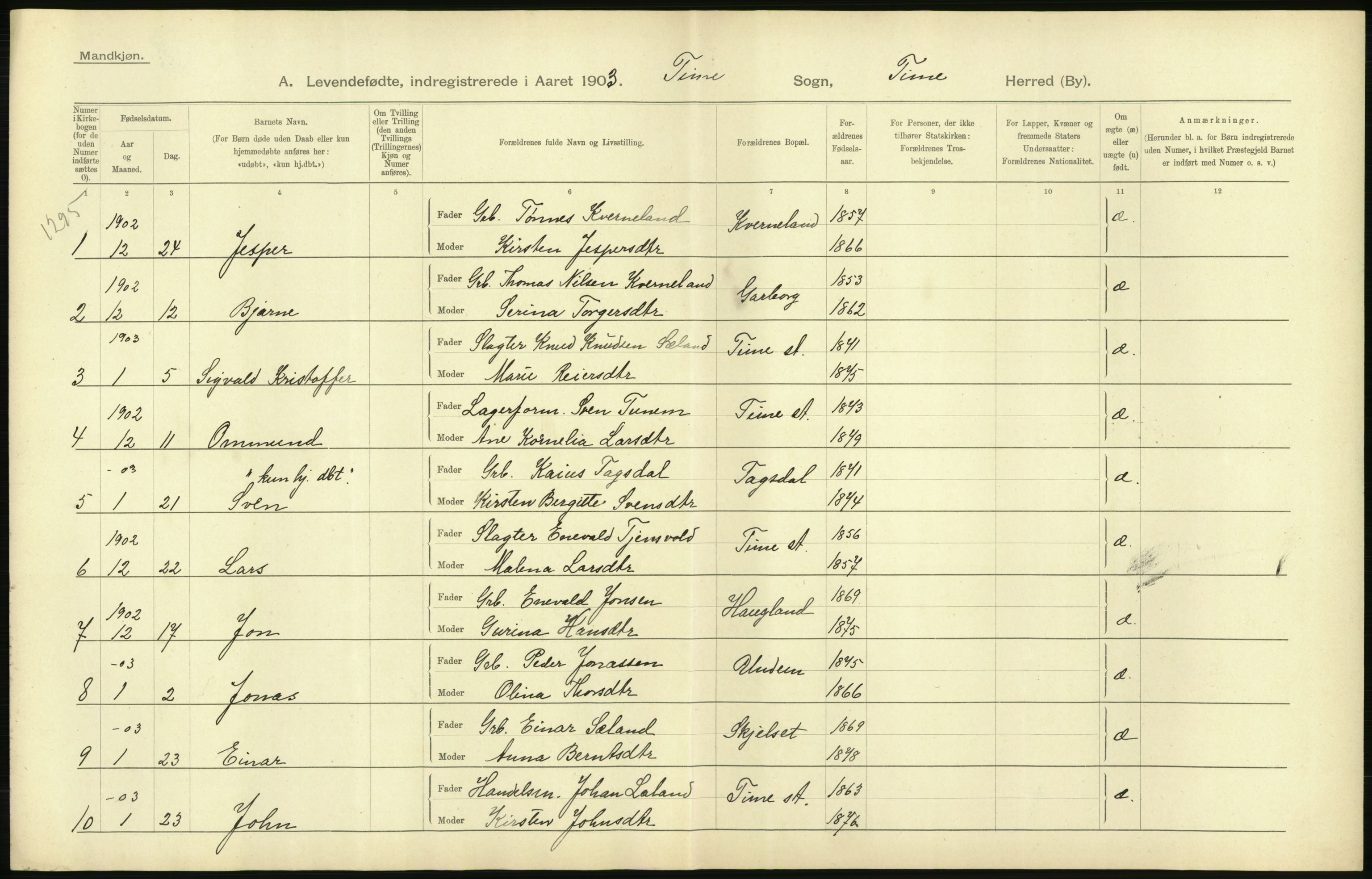 Statistisk sentralbyrå, Sosiodemografiske emner, Befolkning, AV/RA-S-2228/D/Df/Dfa/Dfaa/L0012: Stavanger amt: Fødte, gifte, døde, 1903, p. 34