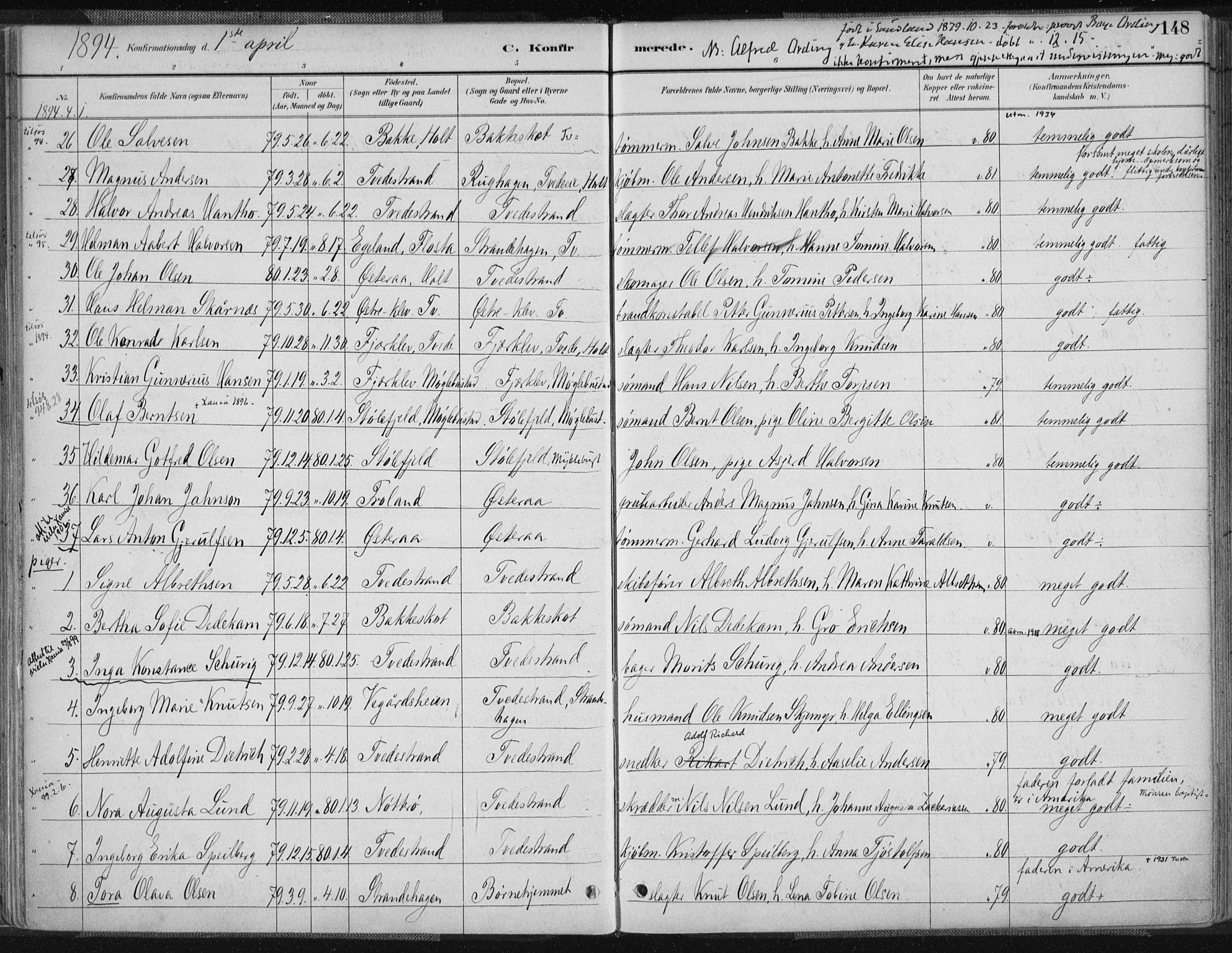 Tvedestrand sokneprestkontor, SAK/1111-0042/F/Fa/L0001: Parish register (official) no. A 1, 1885-1916, p. 148