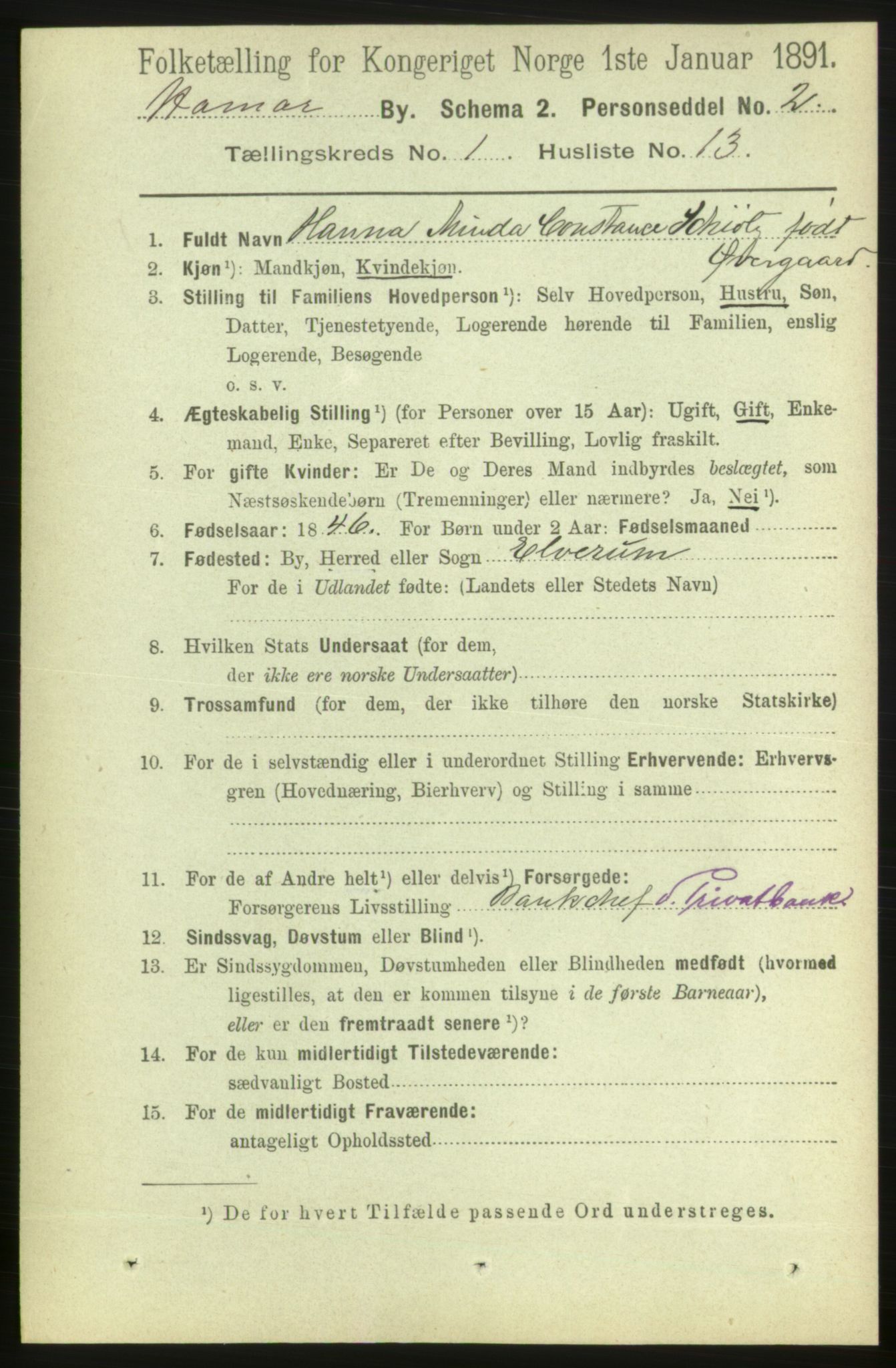 RA, 1891 census for 0401 Hamar, 1891, p. 172