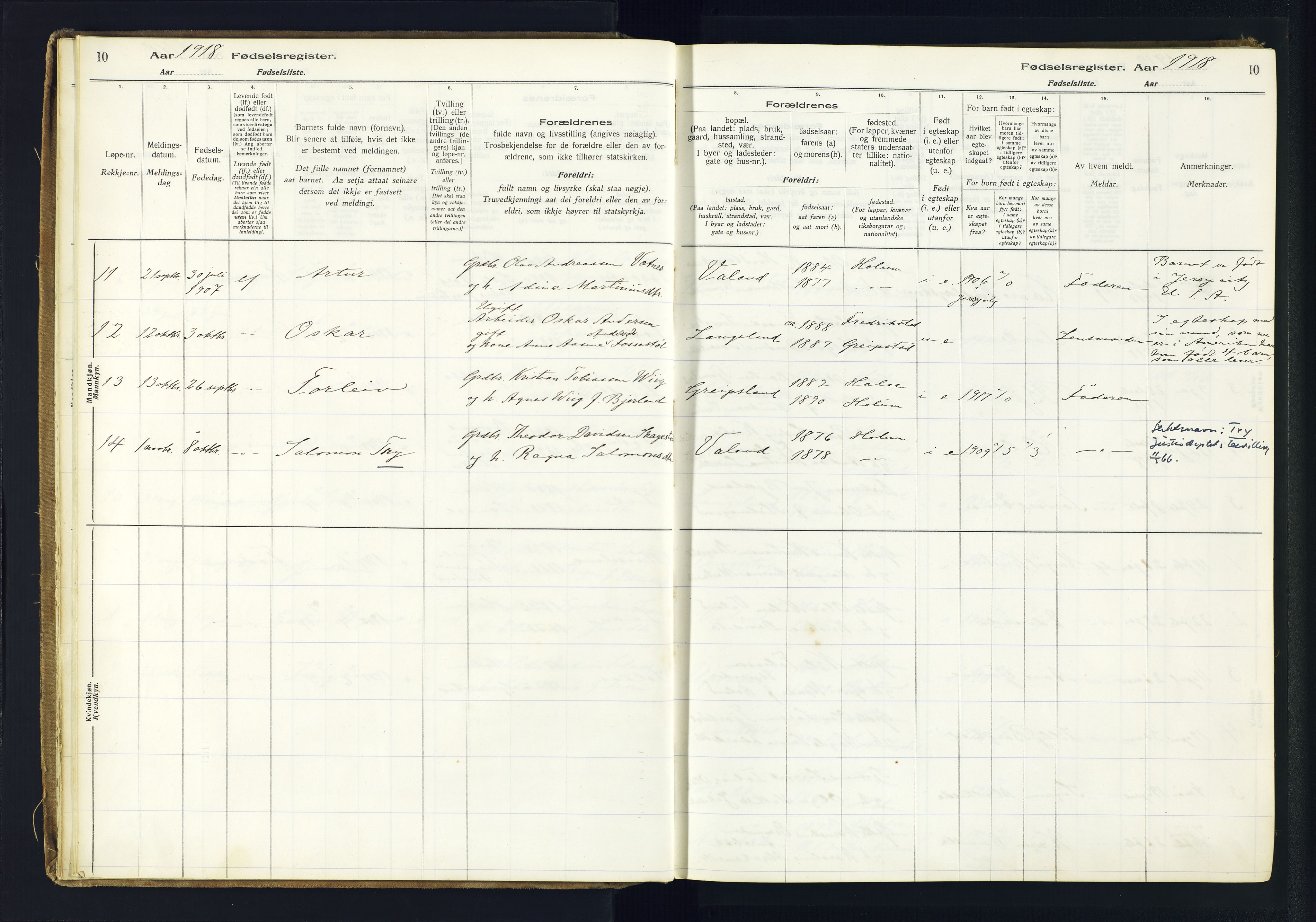 Holum sokneprestkontor, SAK/1111-0022/J/Ja/L0003: Birth register no. II.6.12, 1916-1982, p. 10