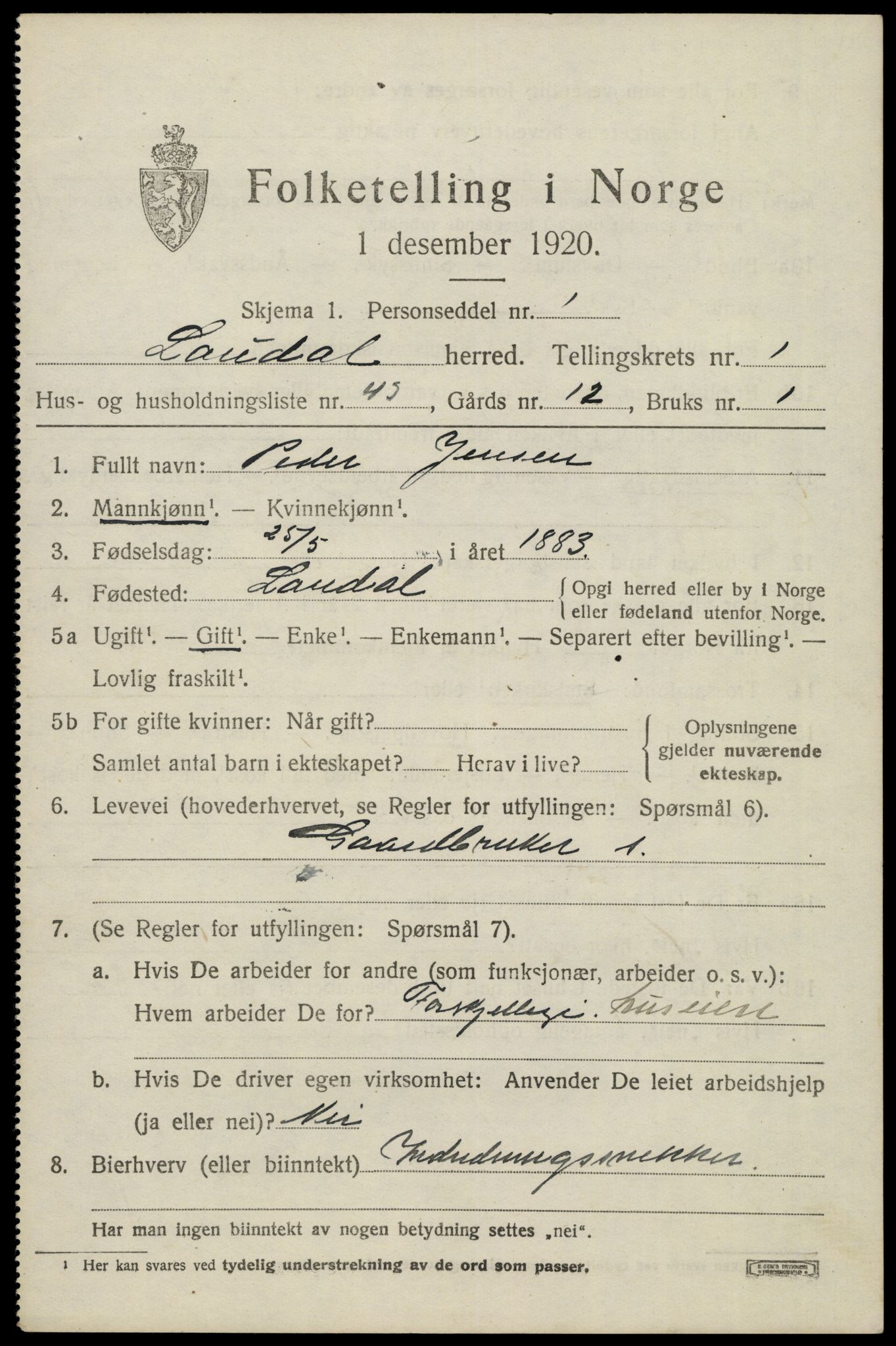 SAK, 1920 census for Laudal, 1920, p. 750