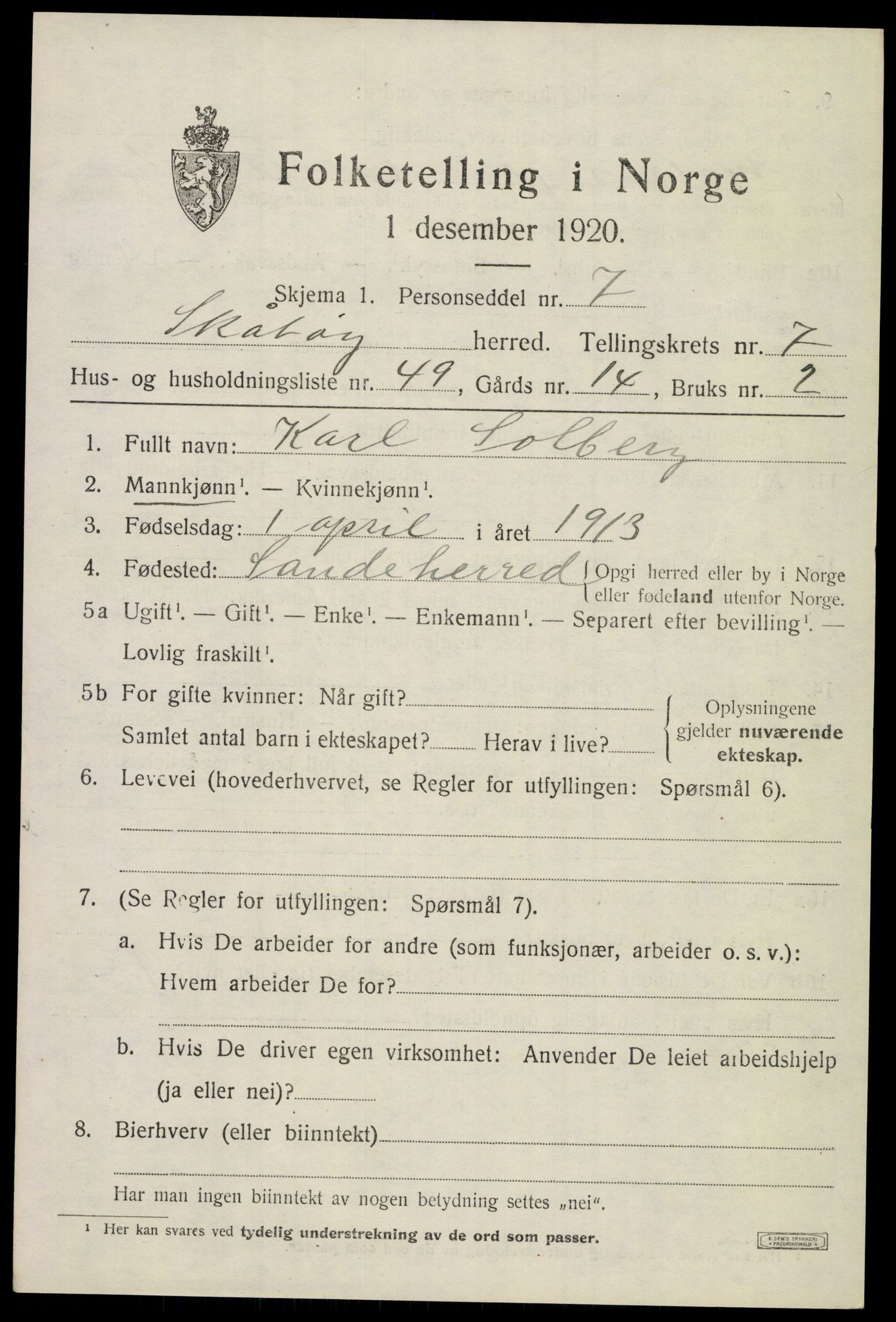 SAKO, 1920 census for Skåtøy, 1920, p. 5852