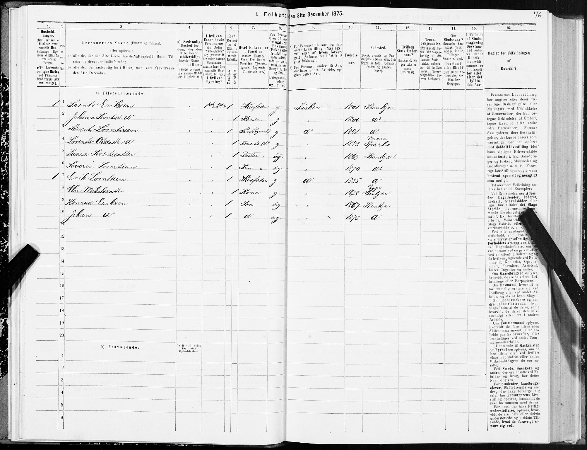 SAT, 1875 census for 1702B Steinkjer/Steinkjer, 1875, p. 46