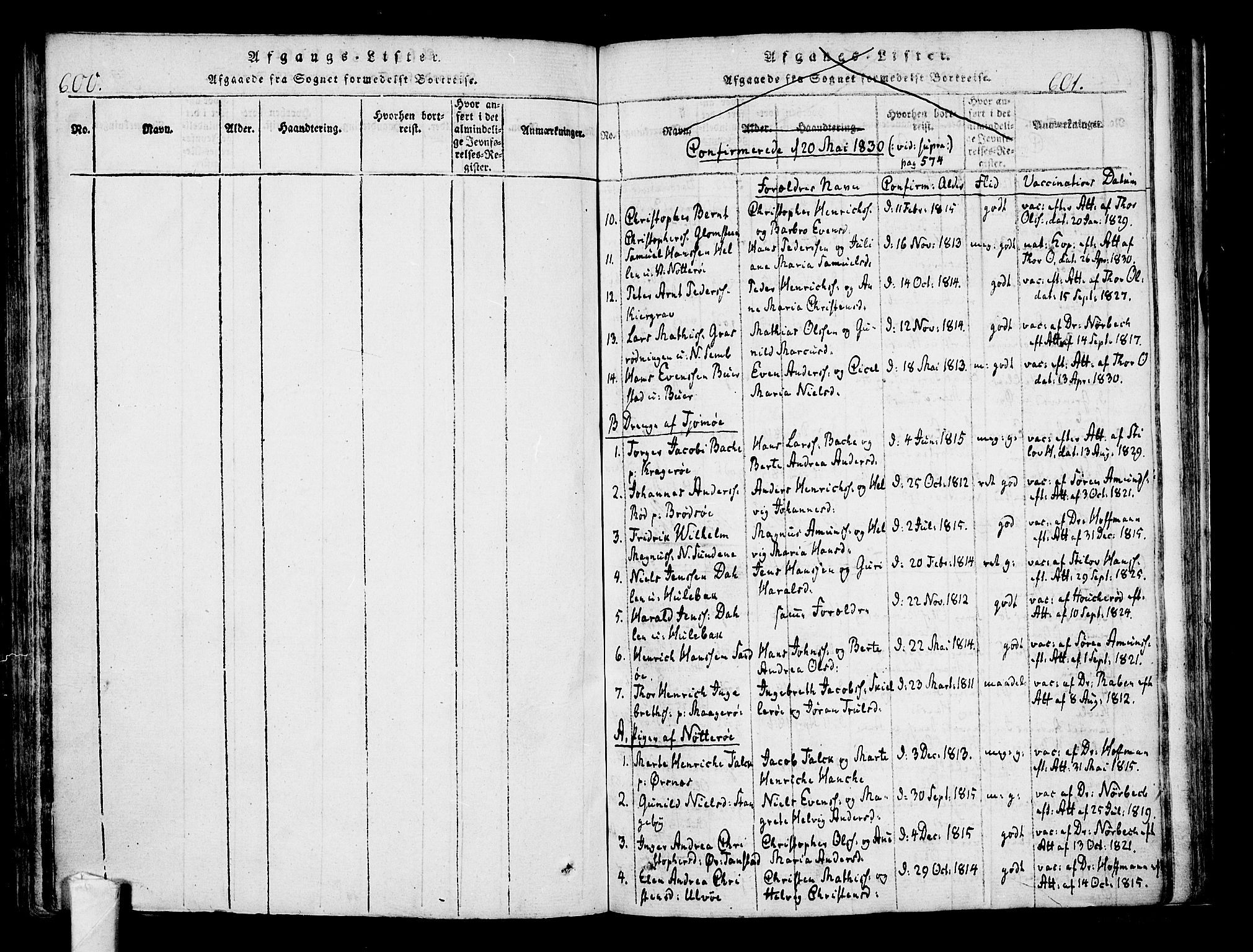 Nøtterøy kirkebøker, AV/SAKO-A-354/F/Fa/L0004: Parish register (official) no. I 4, 1814-1838, p. 600-601