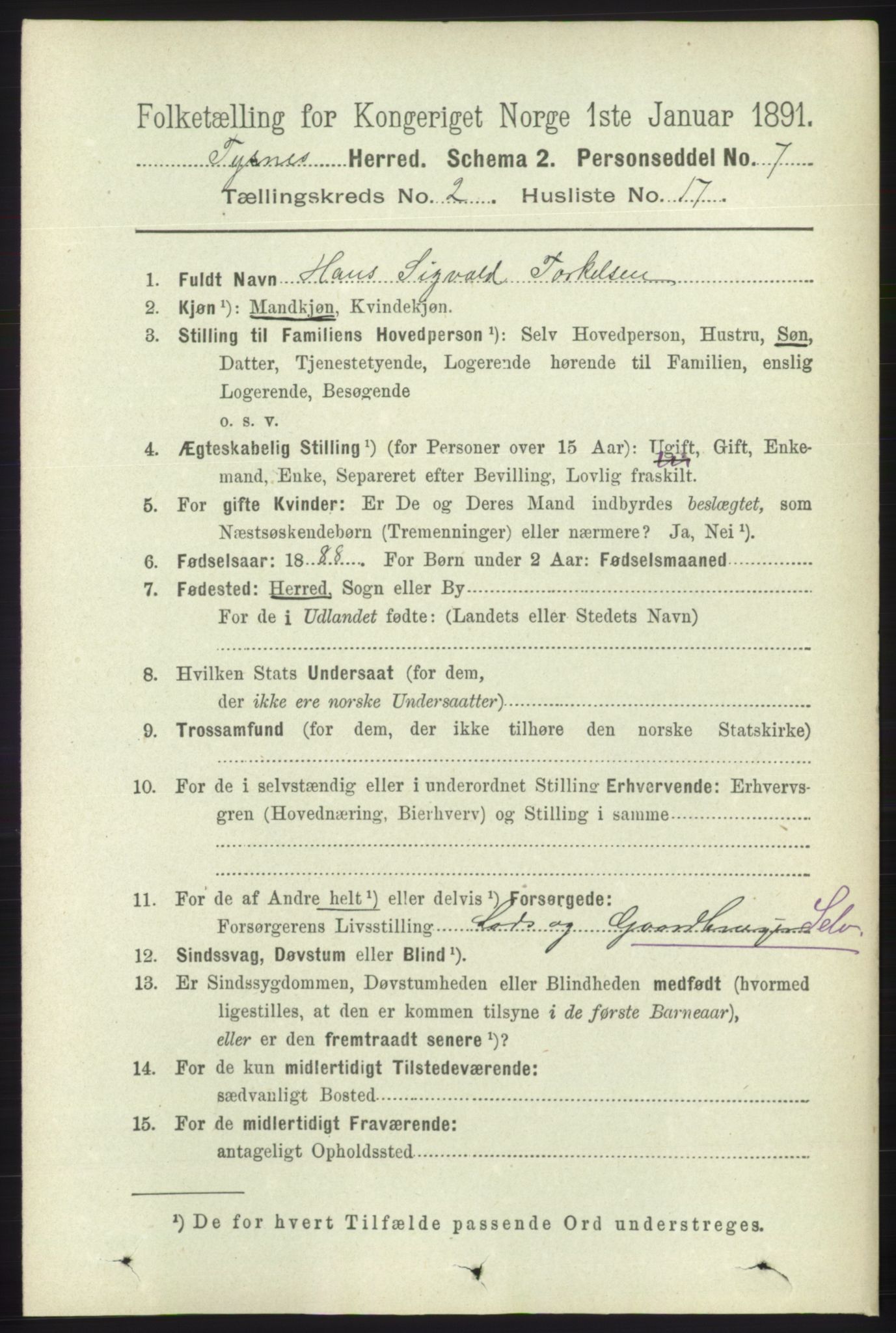 RA, 1891 census for 1223 Tysnes, 1891, p. 556