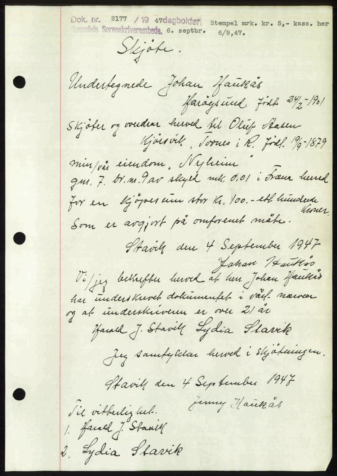 Romsdal sorenskriveri, SAT/A-4149/1/2/2C: Mortgage book no. A24, 1947-1947, Diary no: : 2177/1947