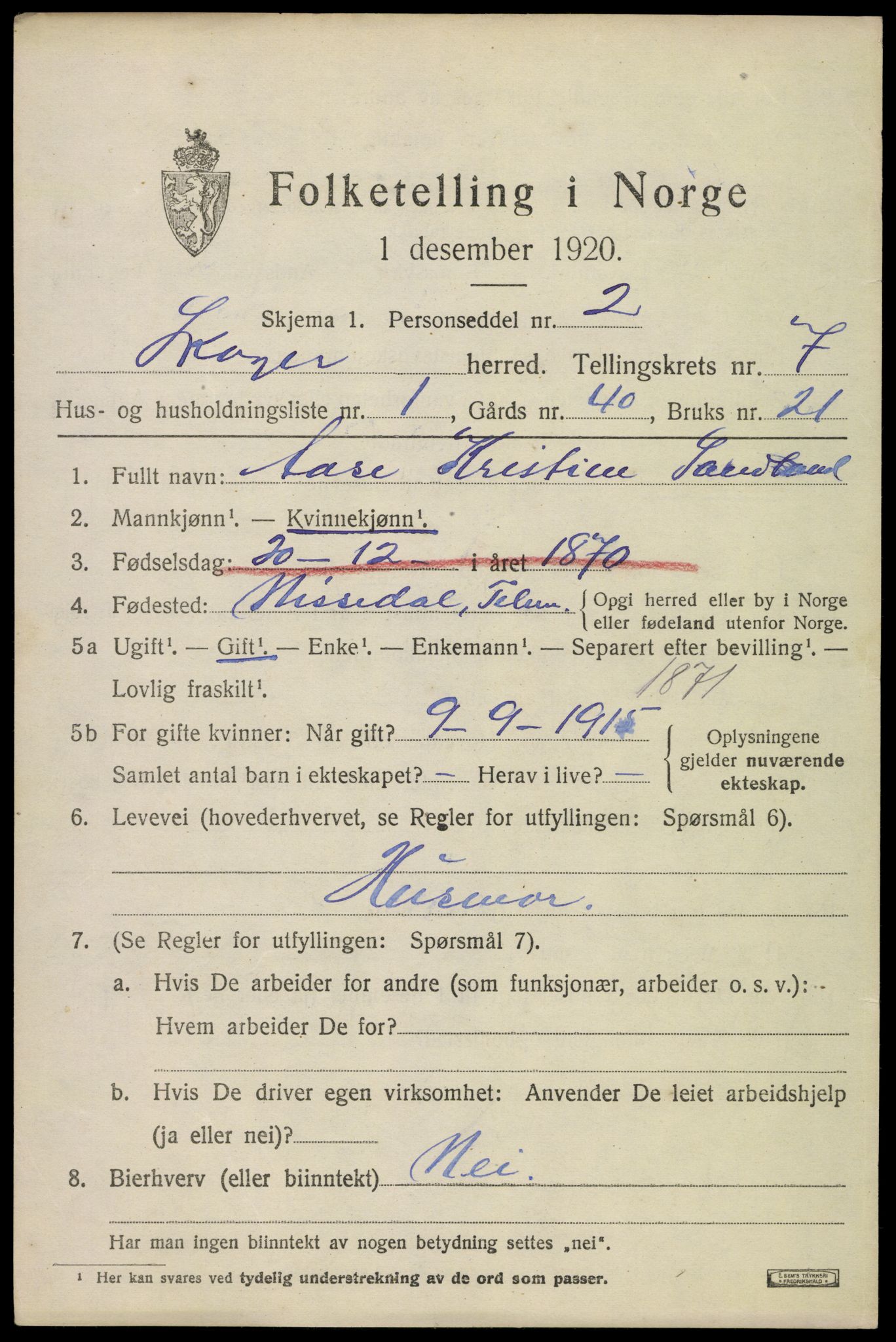 SAKO, 1920 census for Skoger, 1920, p. 14585