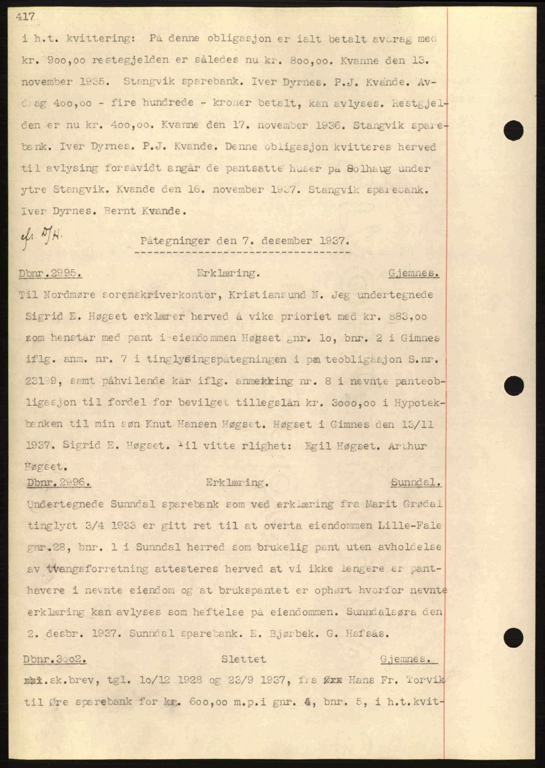 Nordmøre sorenskriveri, AV/SAT-A-4132/1/2/2Ca: Mortgage book no. C80, 1936-1939, Diary no: : 2995/1937