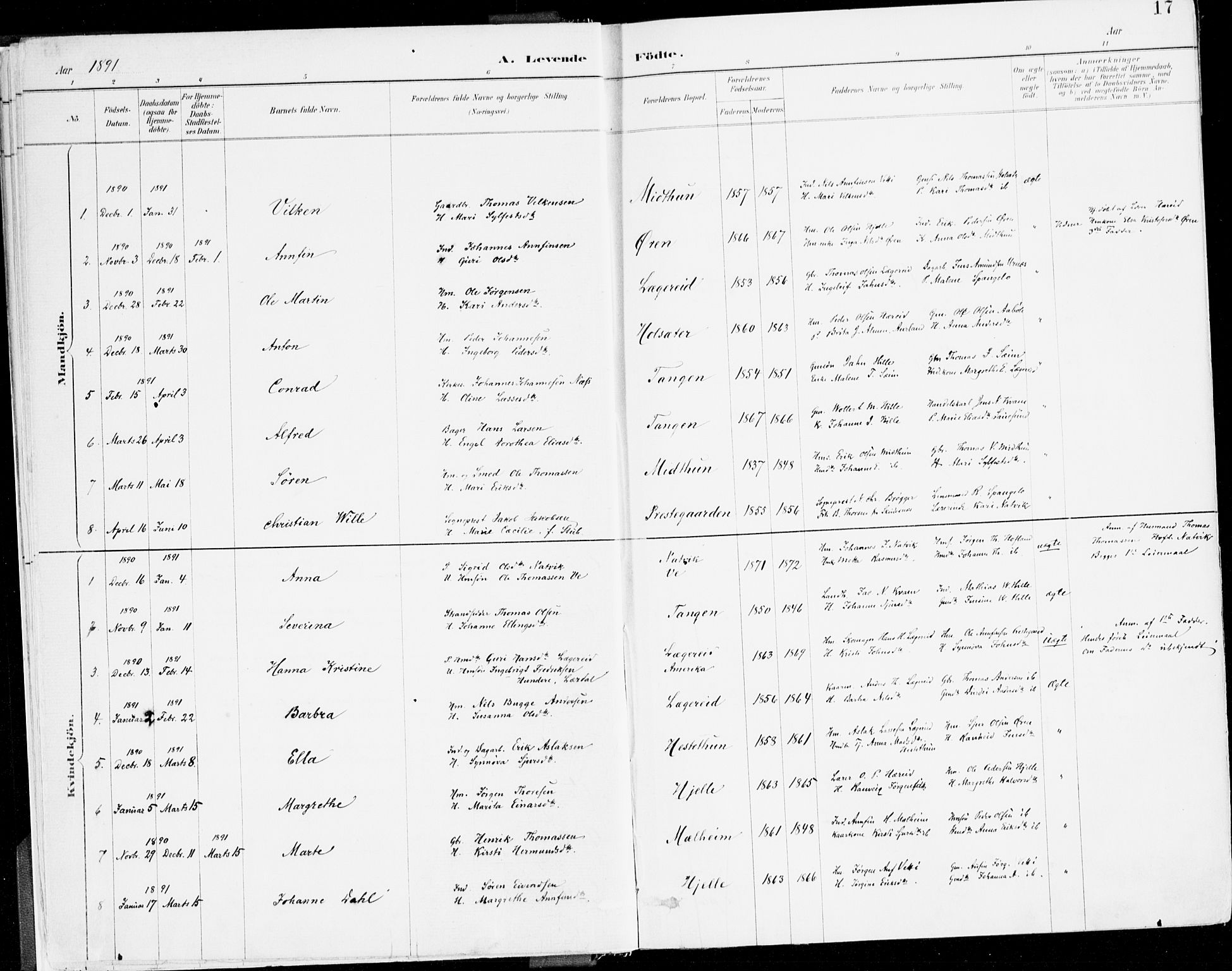 Årdal sokneprestembete, SAB/A-81701: Parish register (official) no. A 5, 1887-1917, p. 17